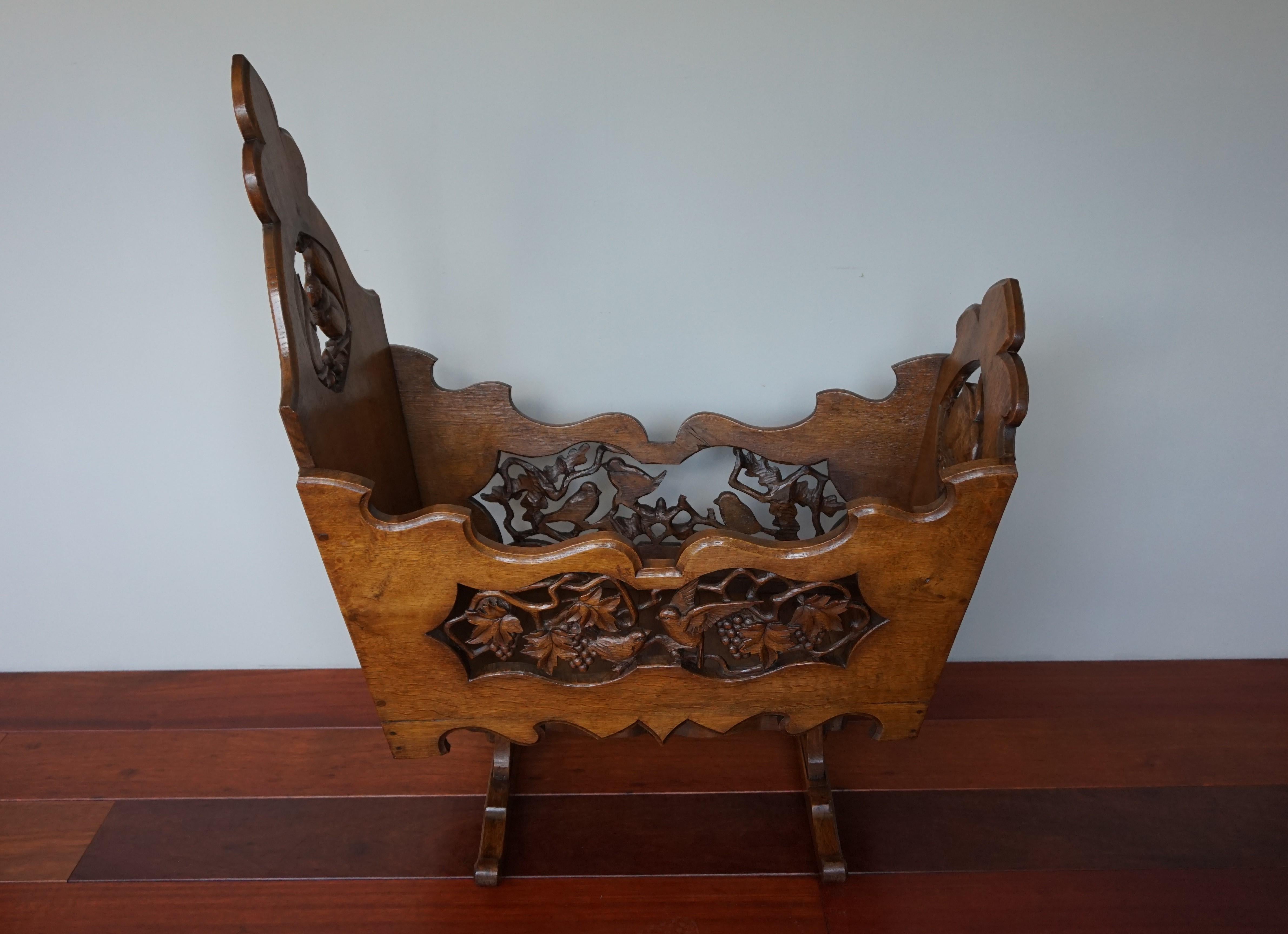 Hand Carved Arts & Crafts Baby or Doll Bed / Crib with Squirrel Rabbit & Sparrow For Sale 9