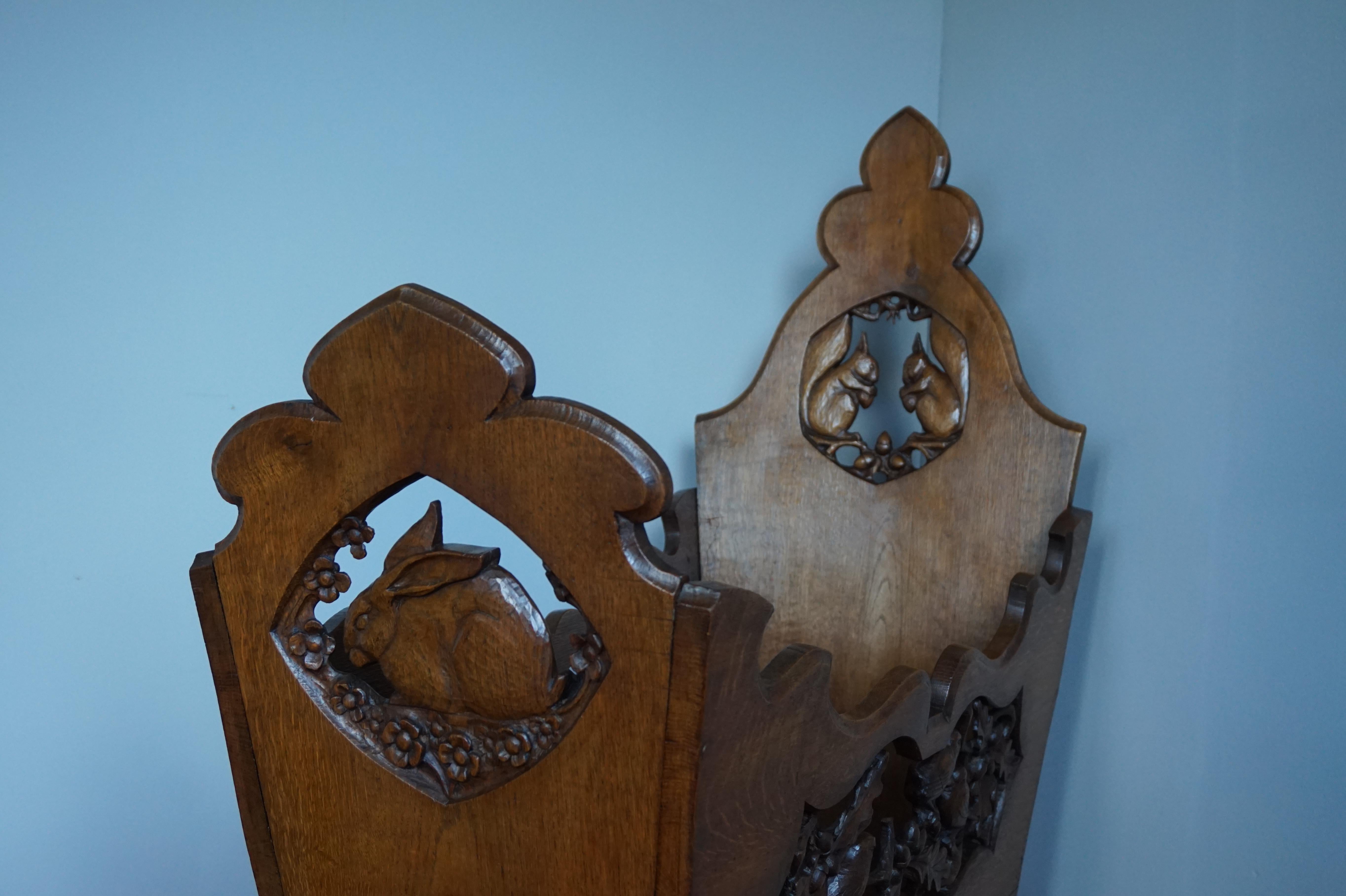 European Hand Carved Arts & Crafts Baby or Doll Bed / Crib with Squirrel Rabbit & Sparrow For Sale