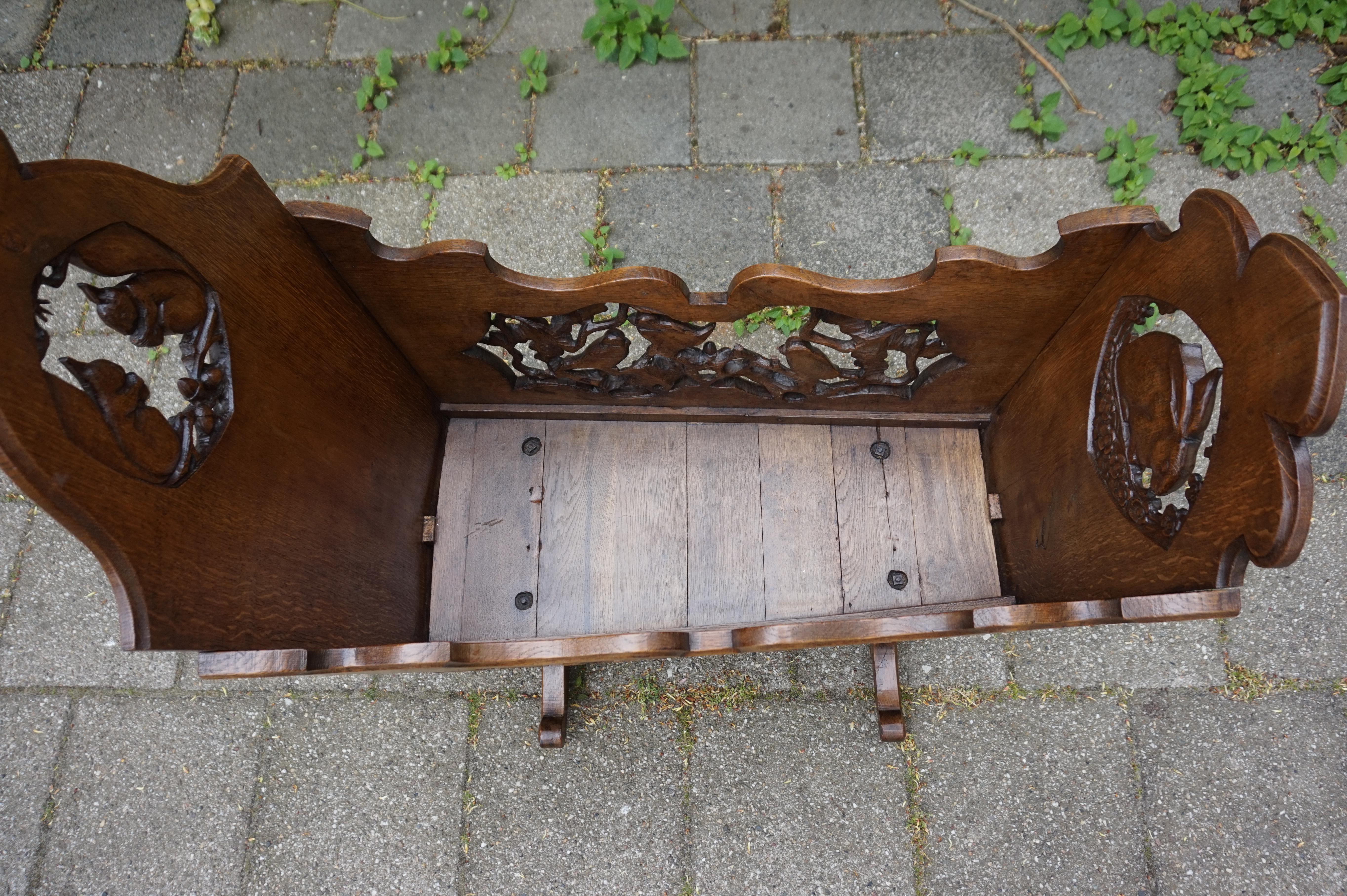 Hand-Carved Hand Carved Arts & Crafts Baby or Doll Bed / Crib with Squirrel Rabbit & Sparrow For Sale