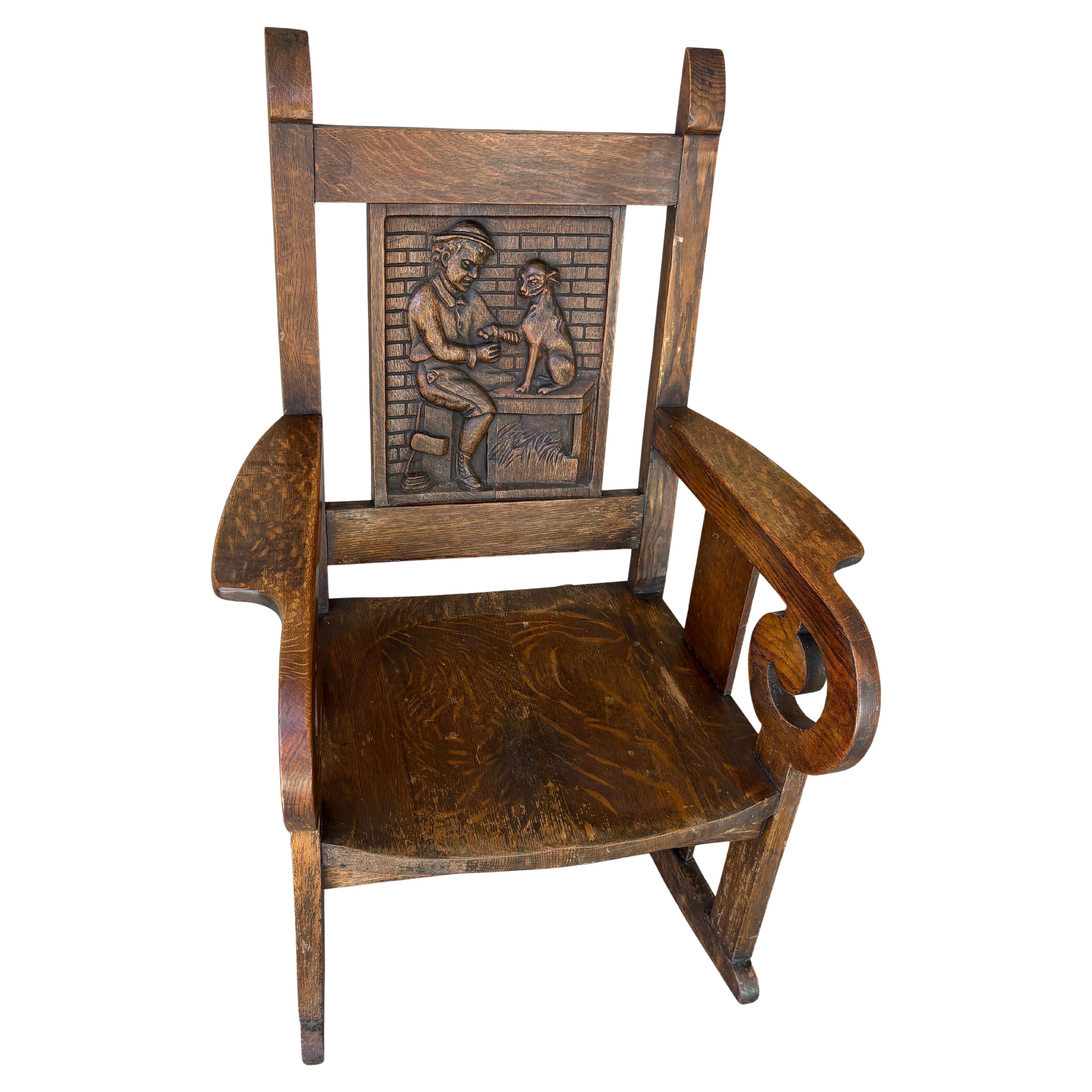 hand Carved Arts And Crafts Dog & Veterinarian Rocking Chair