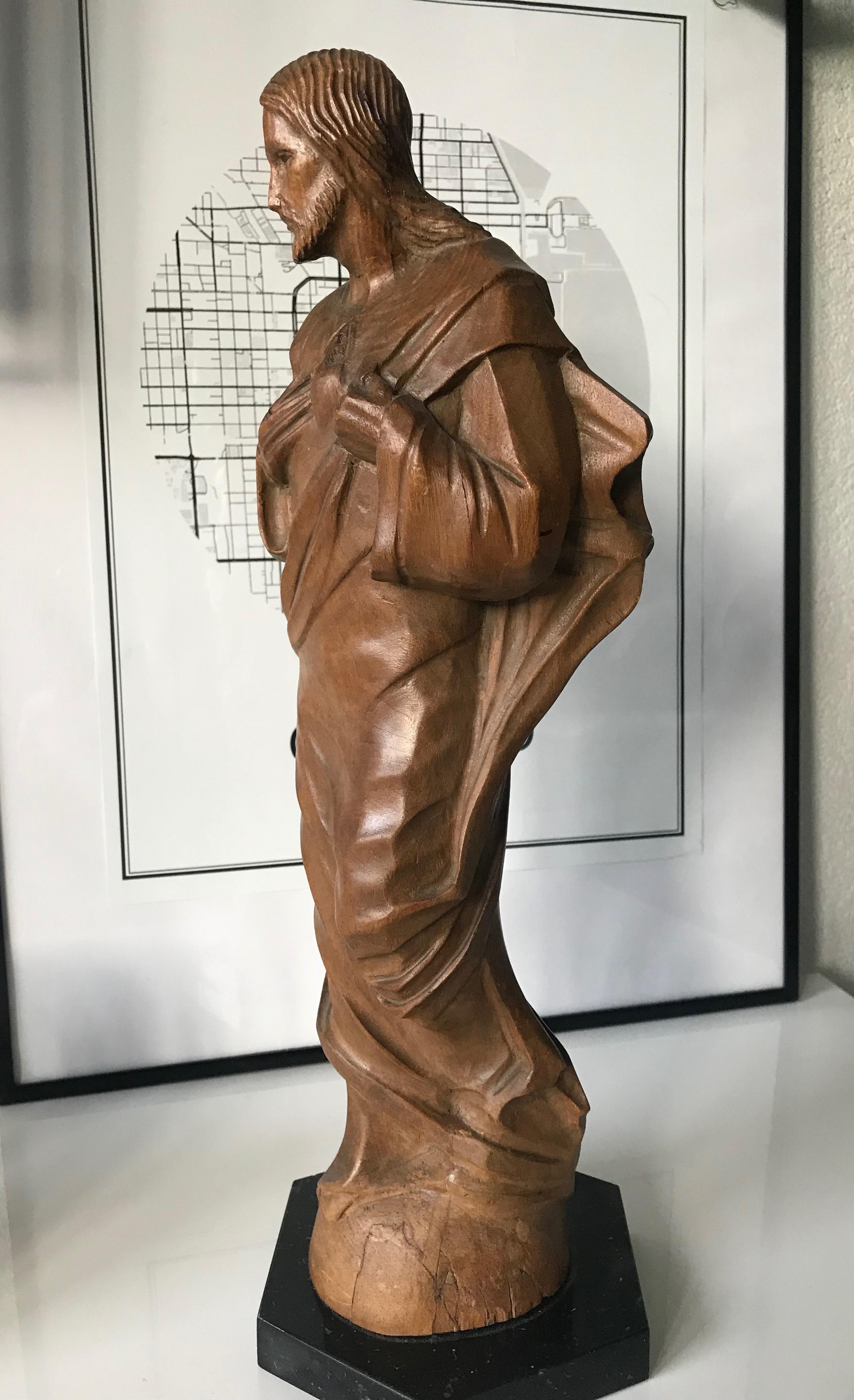 Arts and Crafts Hand Carved Arts & Crafts Era Sacred Heart of Christ Sculpture on Marble Base For Sale