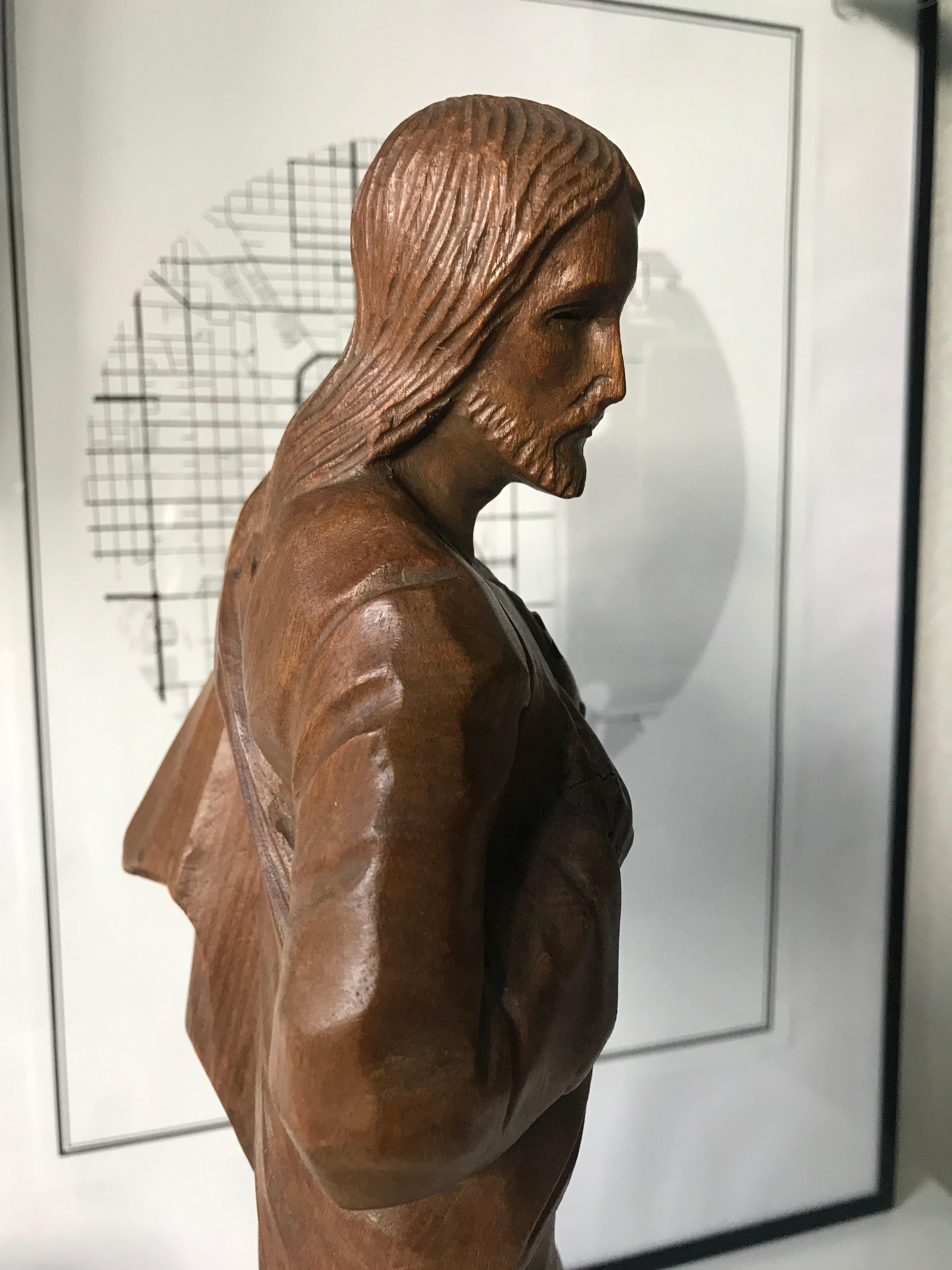 Polished Hand Carved Arts & Crafts Era Sacred Heart of Christ Sculpture on Marble Base For Sale