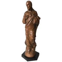 Hand Carved Arts & Crafts Era Sacred Heart of Christ Sculpture on Marble Base