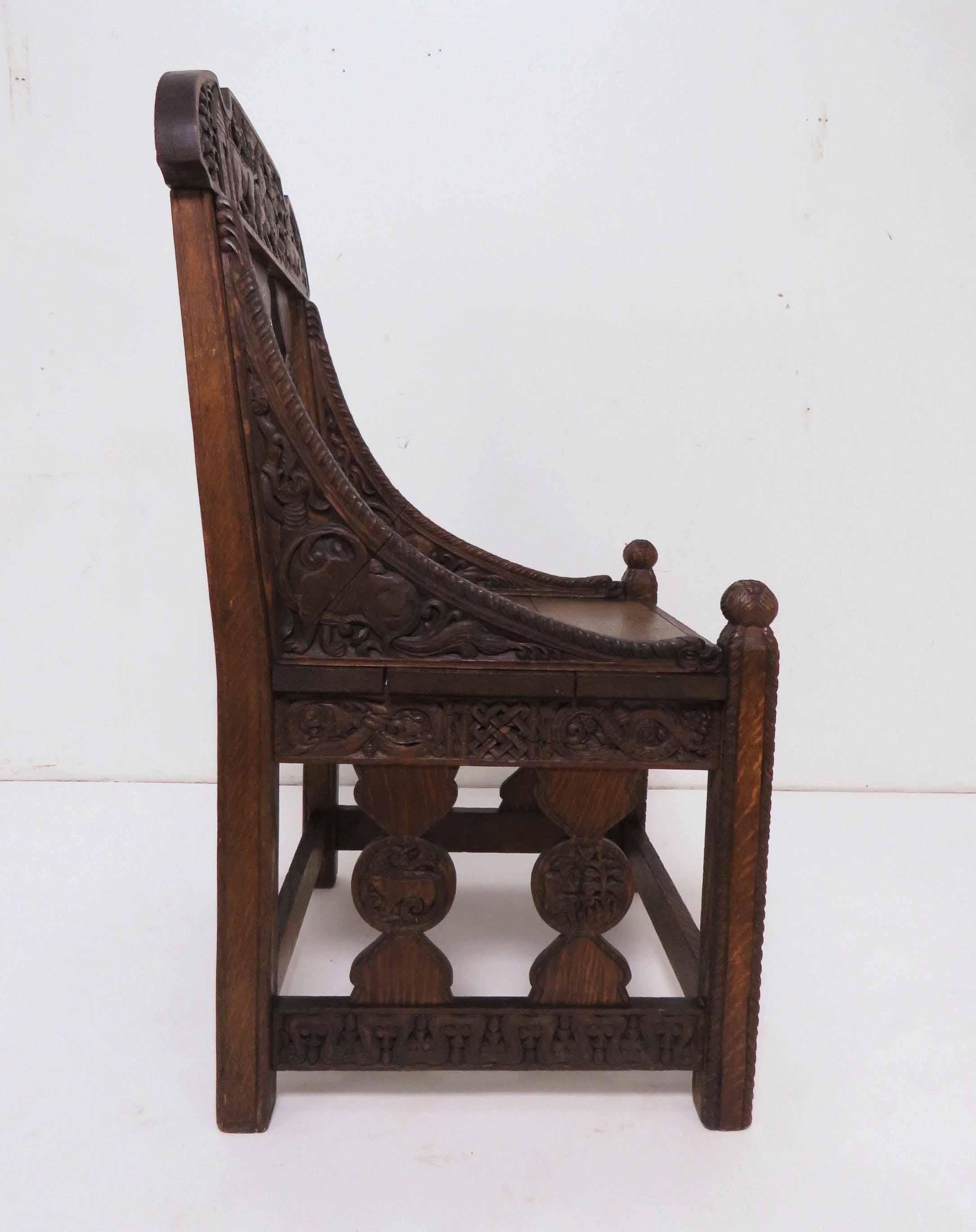 Hand Carved Arts & Crafts Gothic Revival Chair Signed and Dated 1903 4