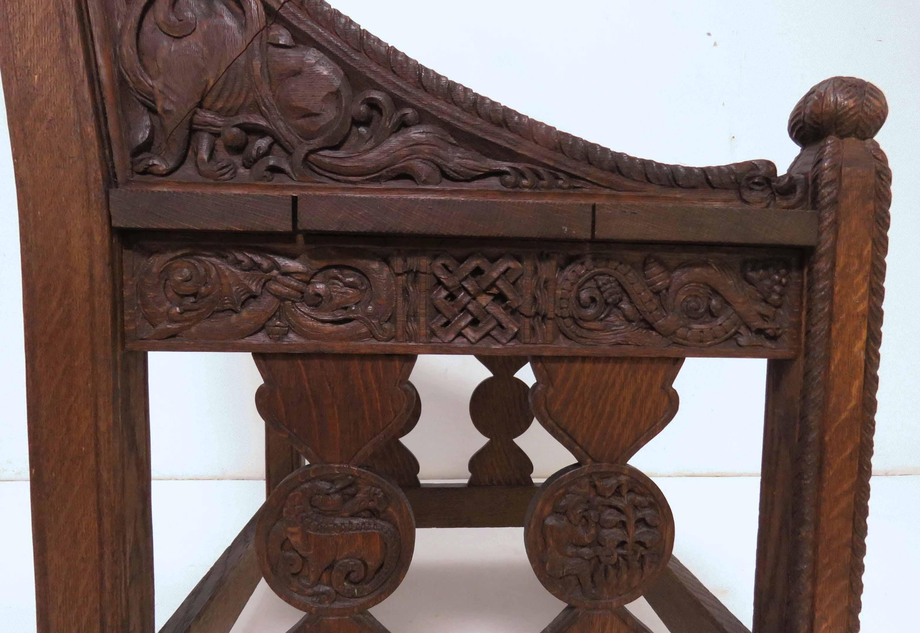 Hand Carved Arts & Crafts Gothic Revival Chair Signed and Dated 1903 5
