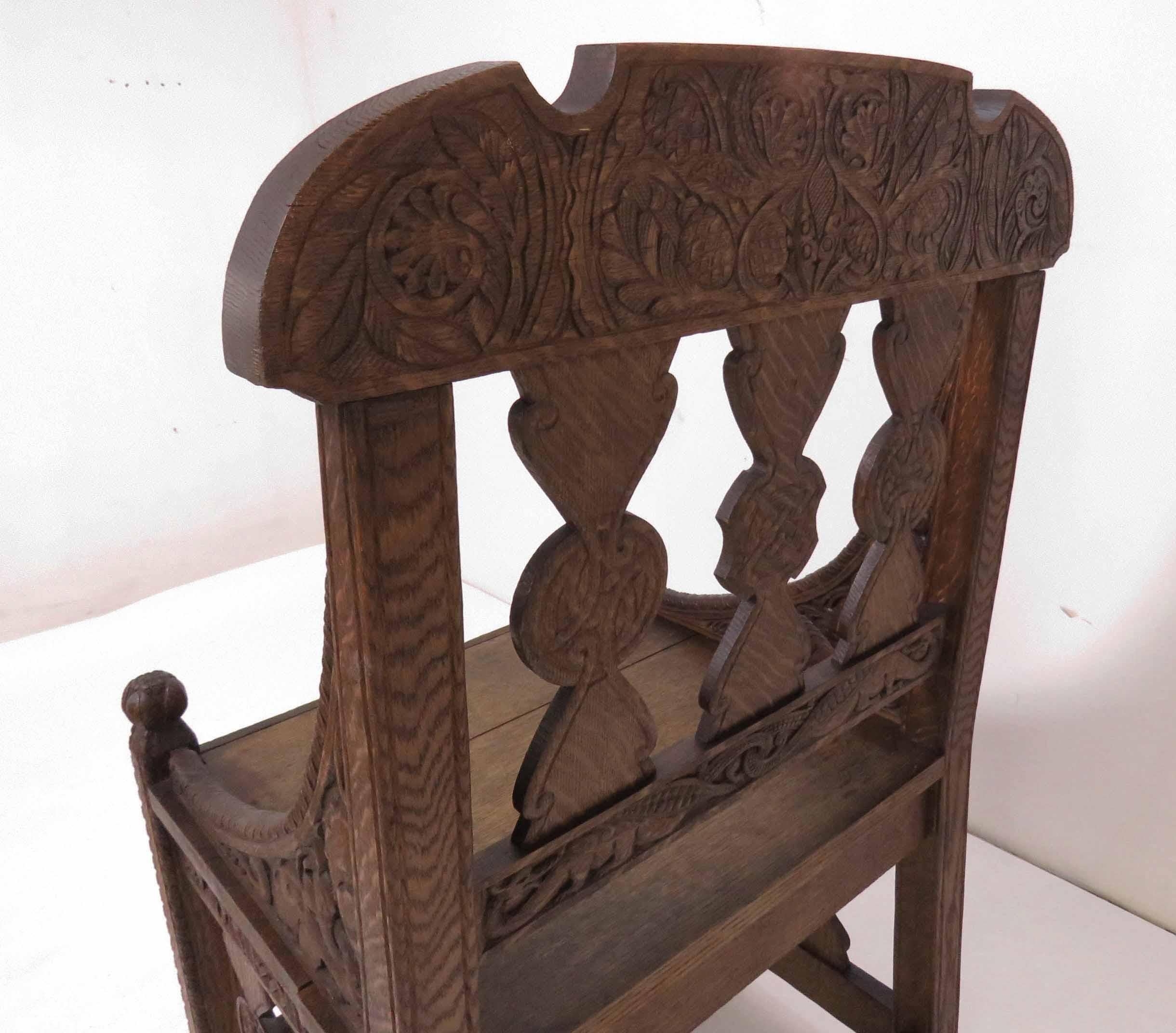 Hand Carved Arts & Crafts Gothic Revival Chair Signed and Dated 1903 8