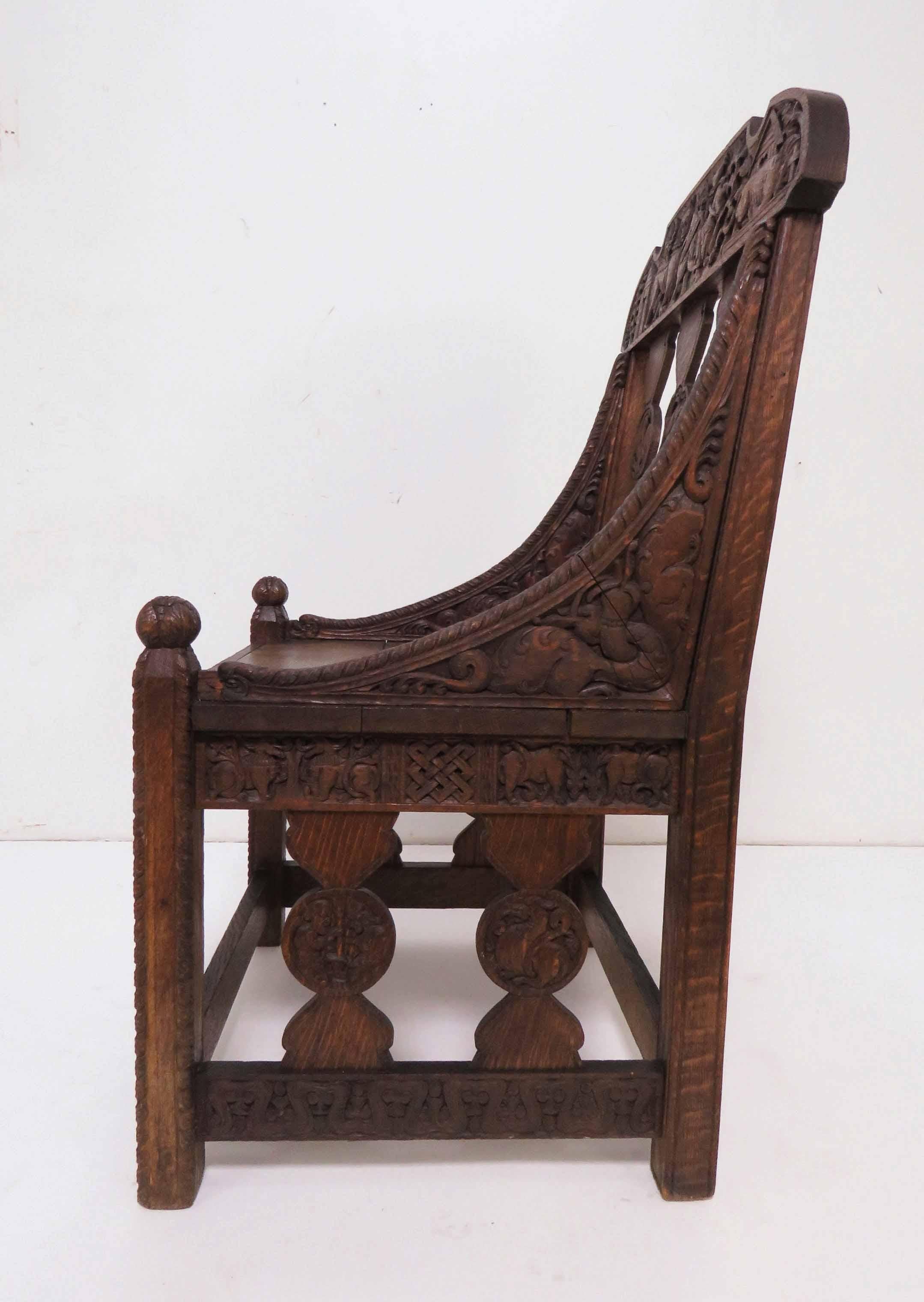 Hand Carved Arts & Crafts Gothic Revival Chair Signed and Dated 1903 In Good Condition In Peabody, MA