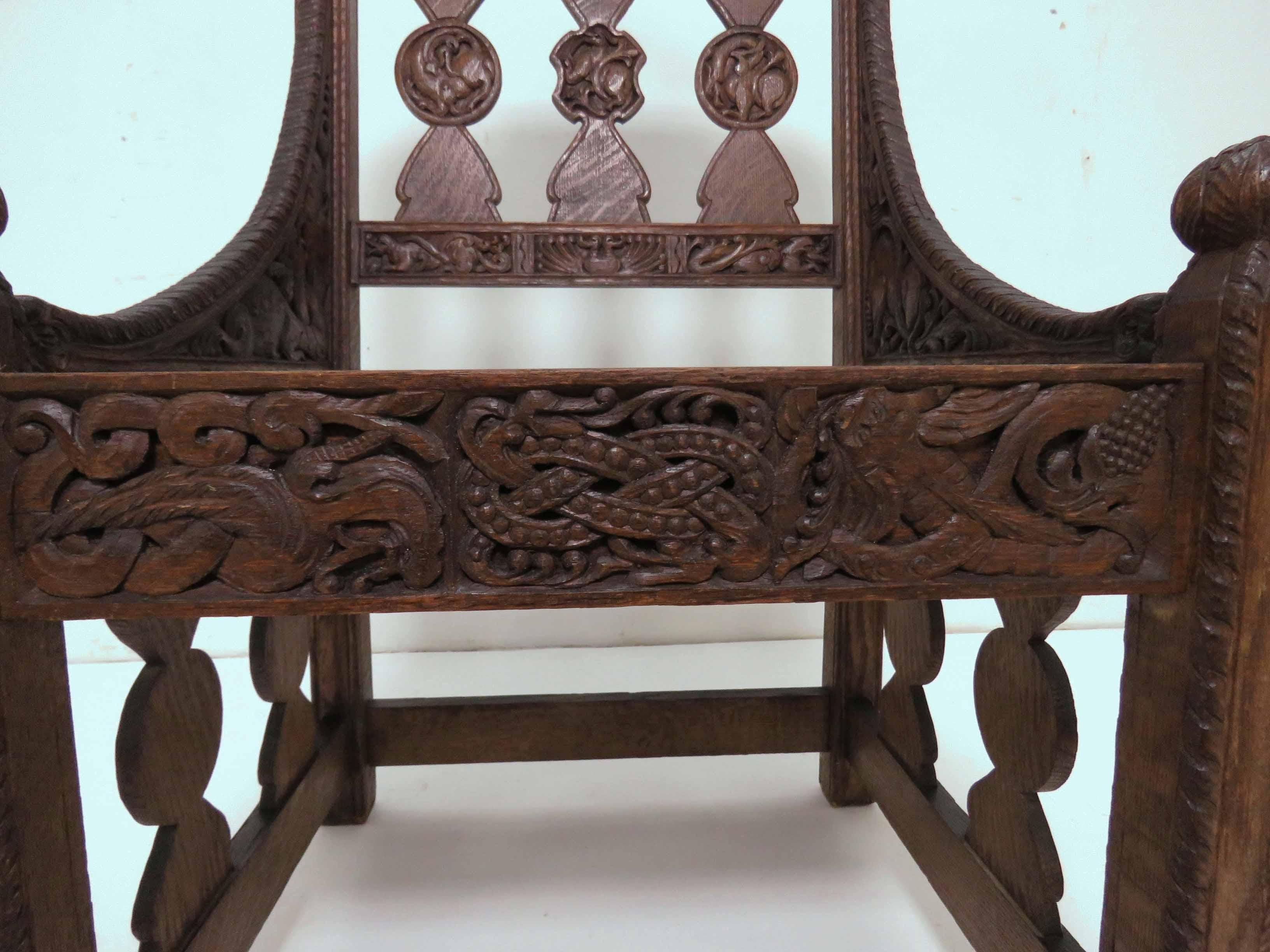 Hand Carved Arts & Crafts Gothic Revival Chair Signed and Dated 1903 1