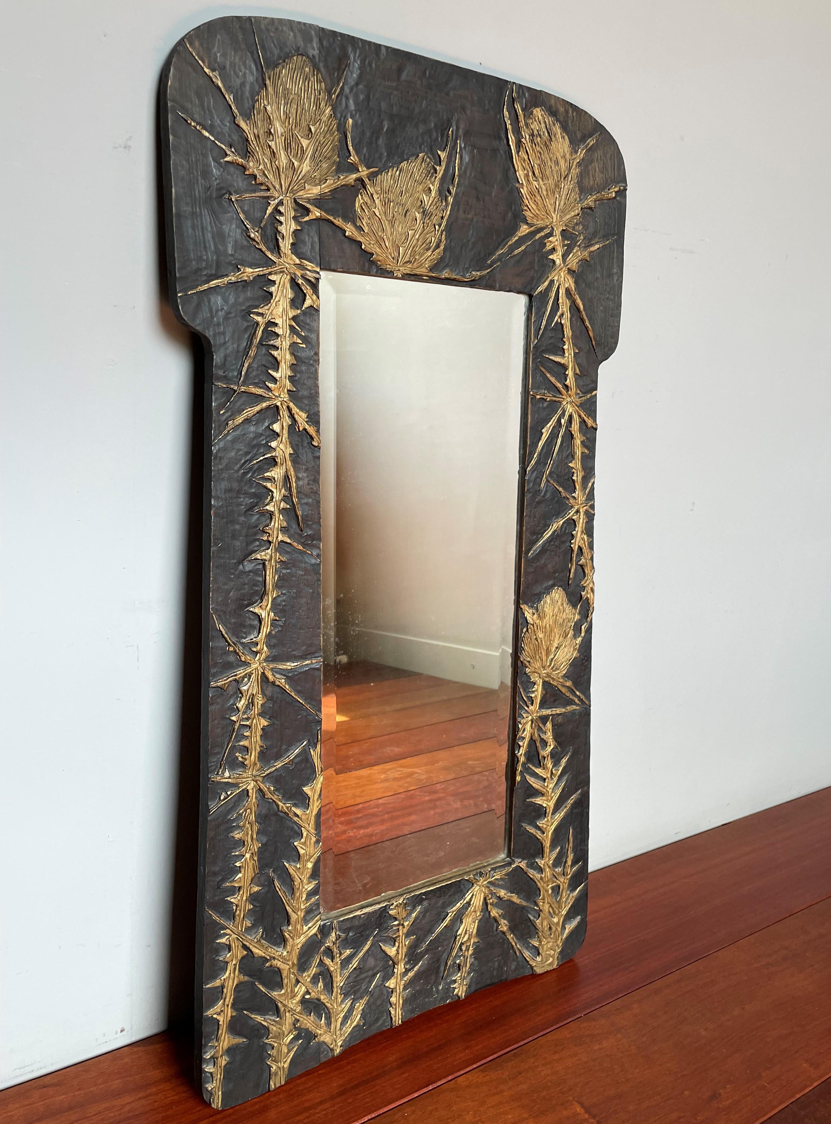 Hand Carved Arts & Crafts Style Wall Mirror with Gold Painted Thistle Sculptures 5