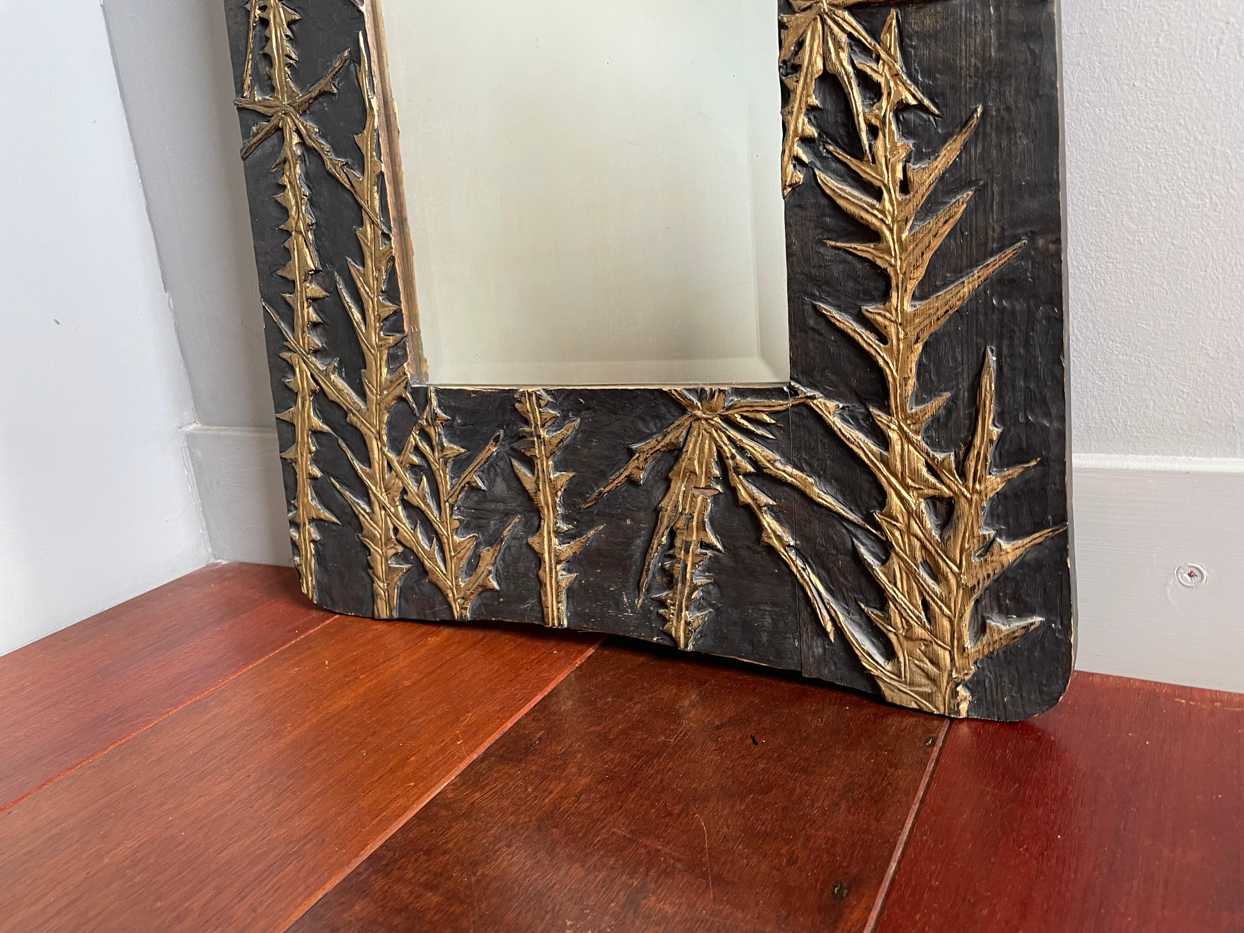 Arts and Crafts Hand Carved Arts & Crafts Style Wall Mirror with Gold Painted Thistle Sculptures