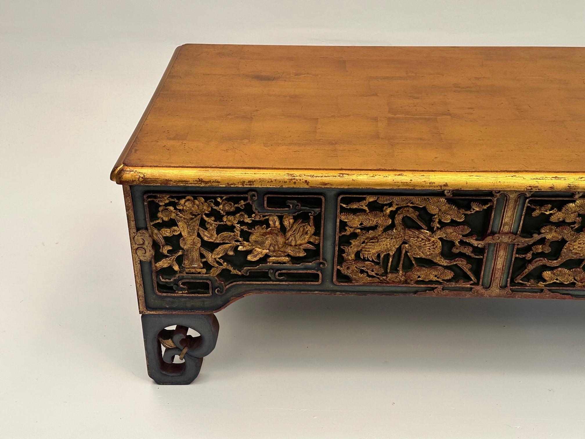 Mid-20th Century Hand Carved Asian Coffee Table with Red Green and Gilt Polychrome Finish