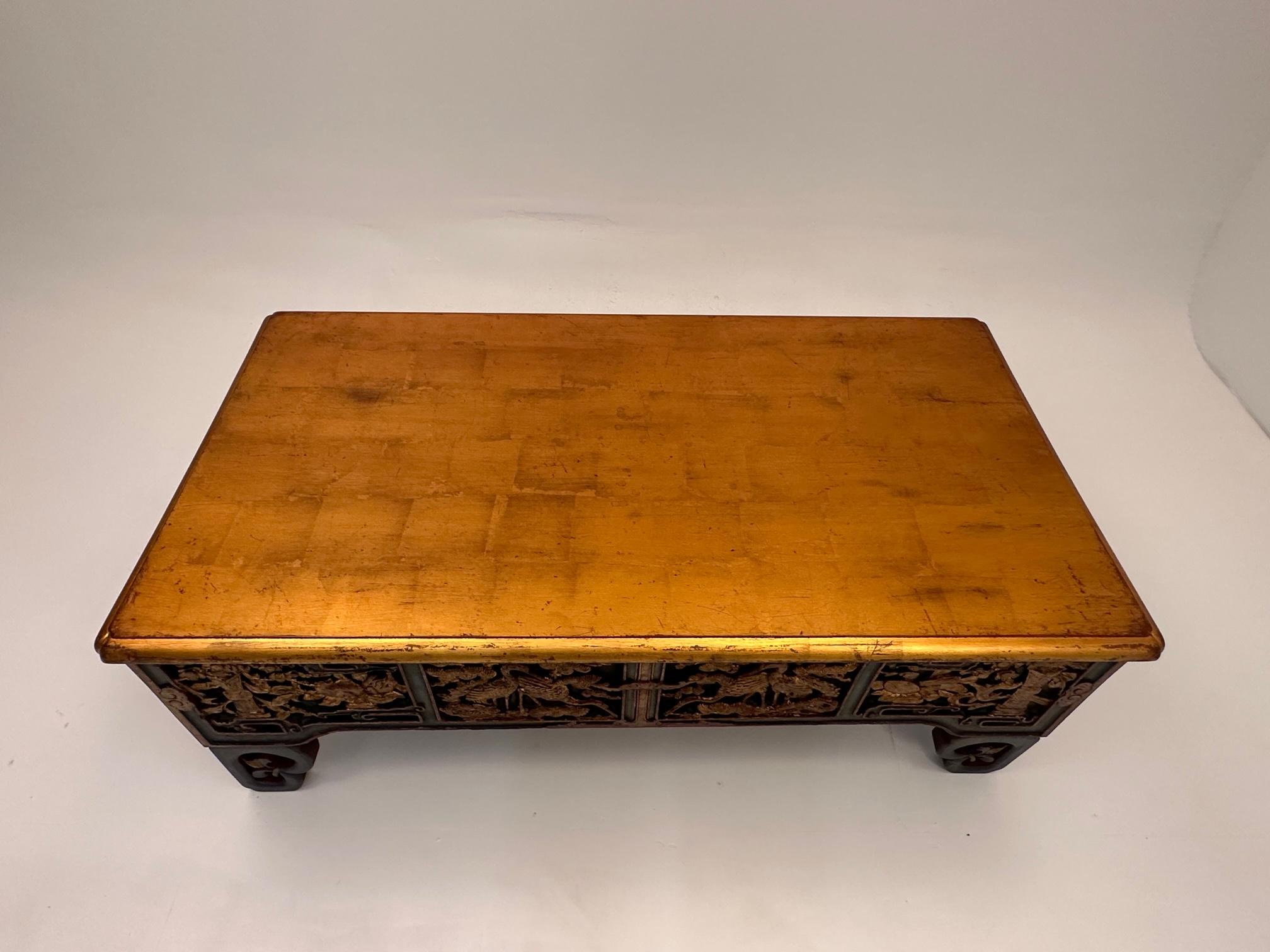 Wood Hand Carved Asian Coffee Table with Red Green and Gilt Polychrome Finish
