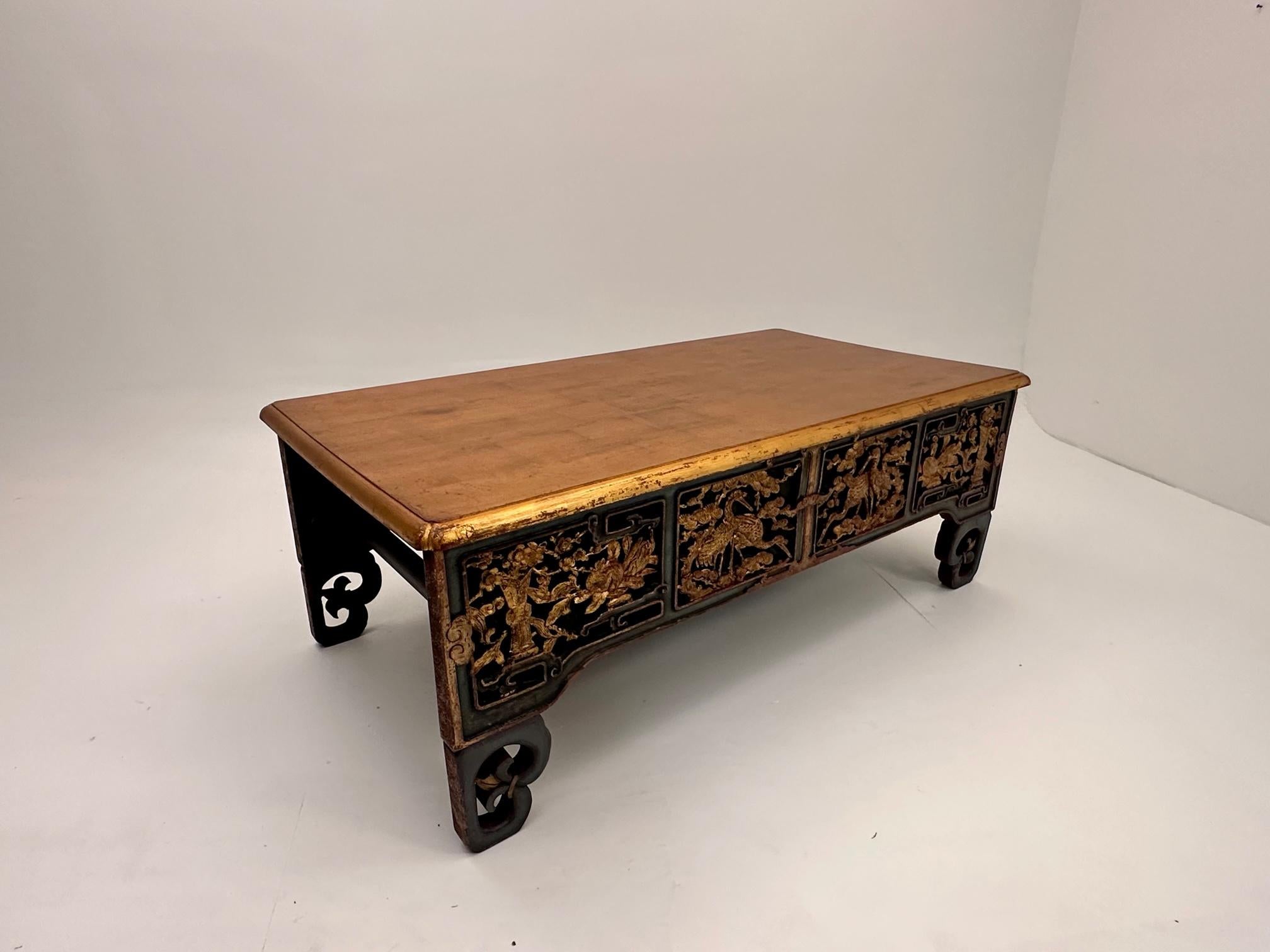 Hand Carved Asian Coffee Table with Red Green and Gilt Polychrome Finish 1
