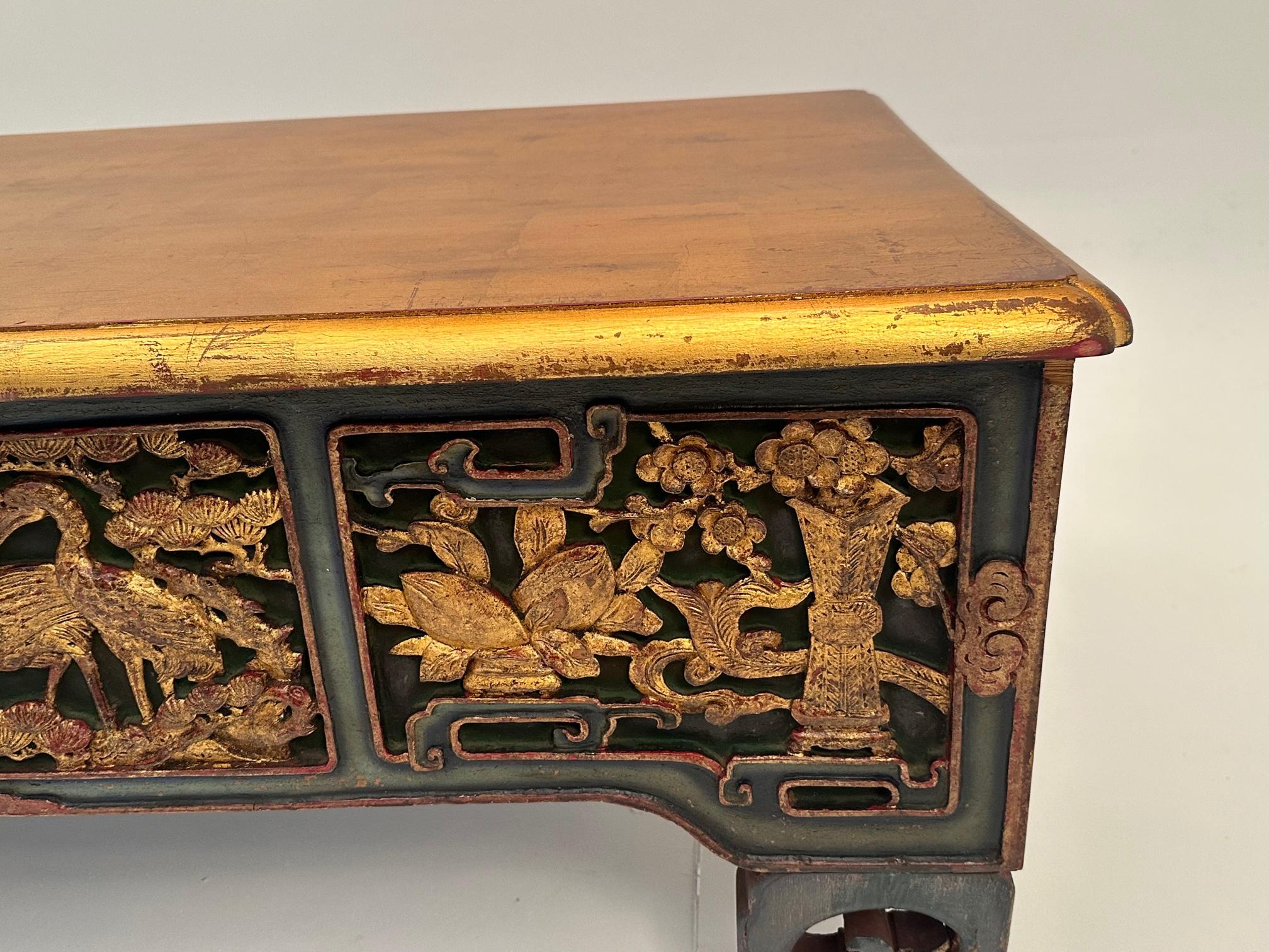 Hand Carved Asian Coffee Table with Red Green and Gilt Polychrome Finish 2