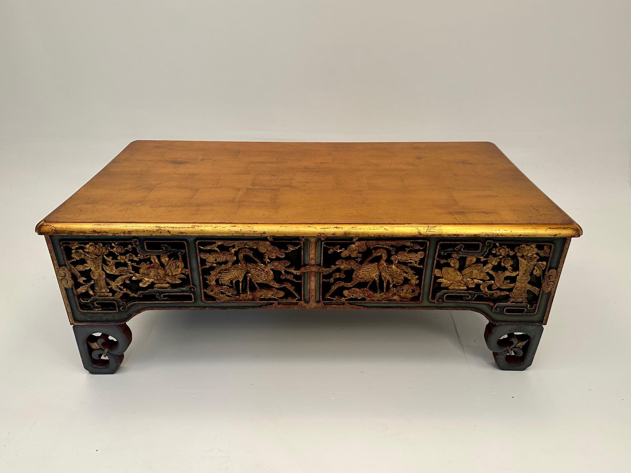 Chinese Hand Carved Asian Coffee Table with Red Green and Gilt Polychrome Finish