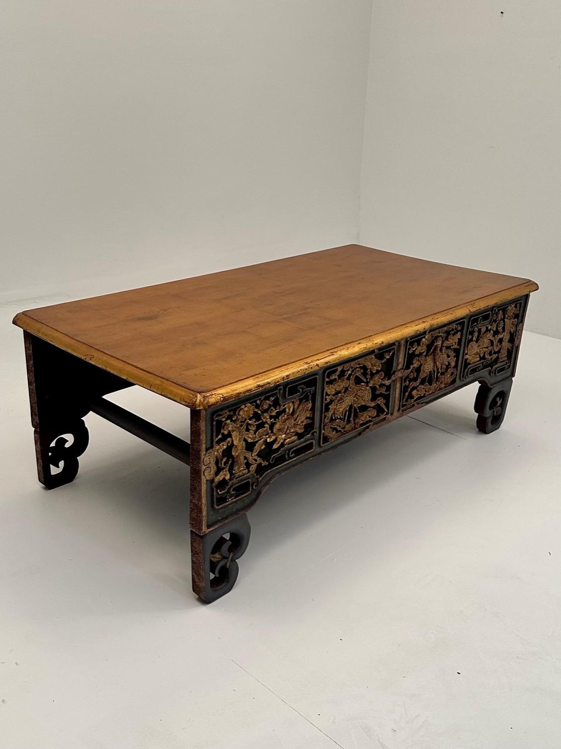 Hand Carved Asian Coffee Table with Red Green and Gilt Polychrome Finish In Good Condition In Hopewell, NJ
