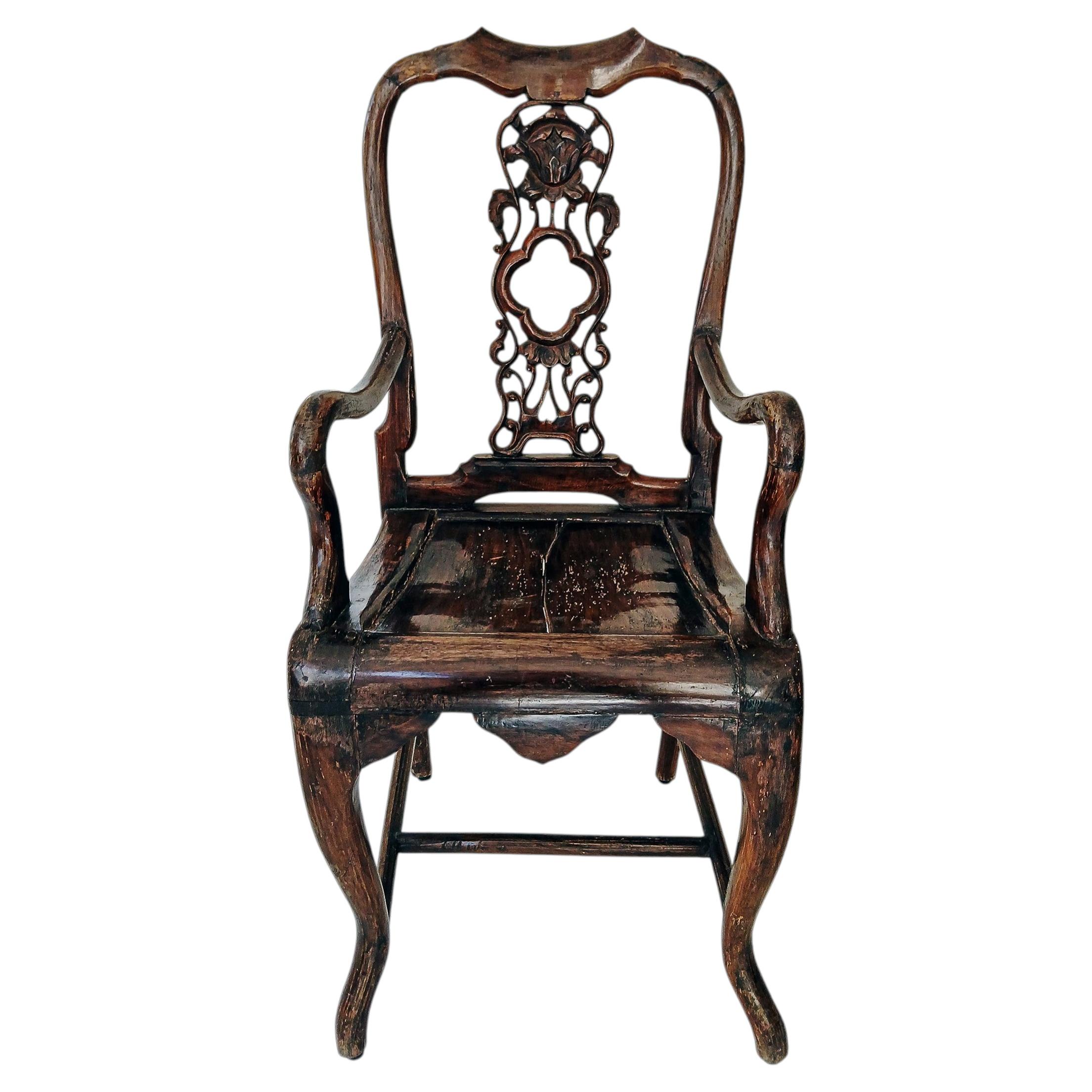 Hand-Carved Asian Elm Armchair, Pierced Back, Late 19th Century