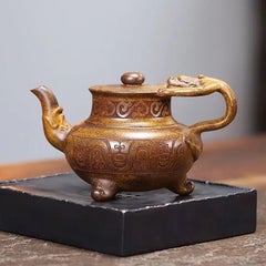 Hand-Carved Auspicious Motif Wood-Fired Yixing Zisha Wine & Tea Pot