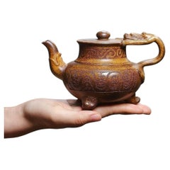 Hand-Carved Auspicious Motif Wood-Fired Yixing Zisha Wine & Tea Pot