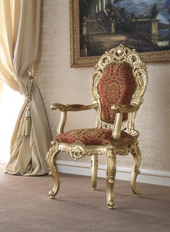 Hand-Carved Baroque Chair with Armrests with Curved Legs in Red Damascus