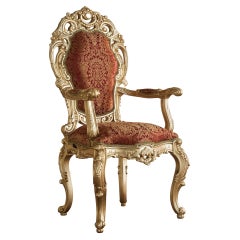 Hand-Carved Baroque Chair with Armrests with Curved Legs in Red Damascus