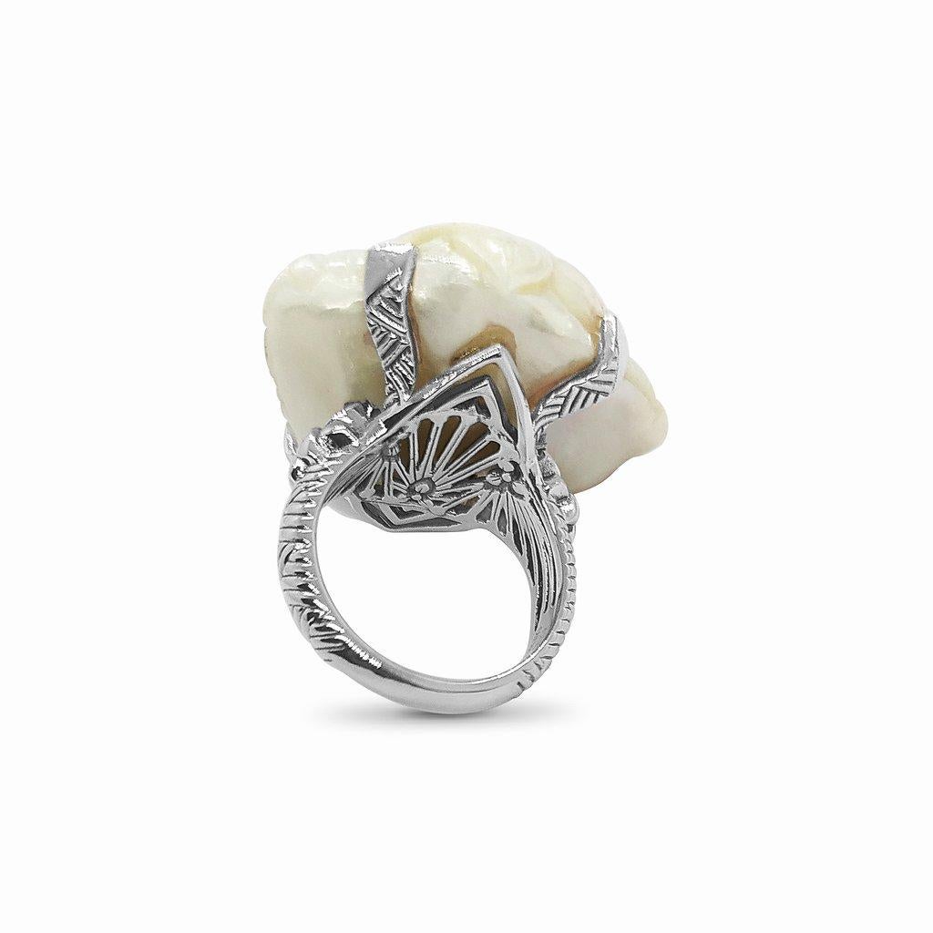 For Sale:  Hand Carved Baroque Pearl Ring in Sterling Silver 3