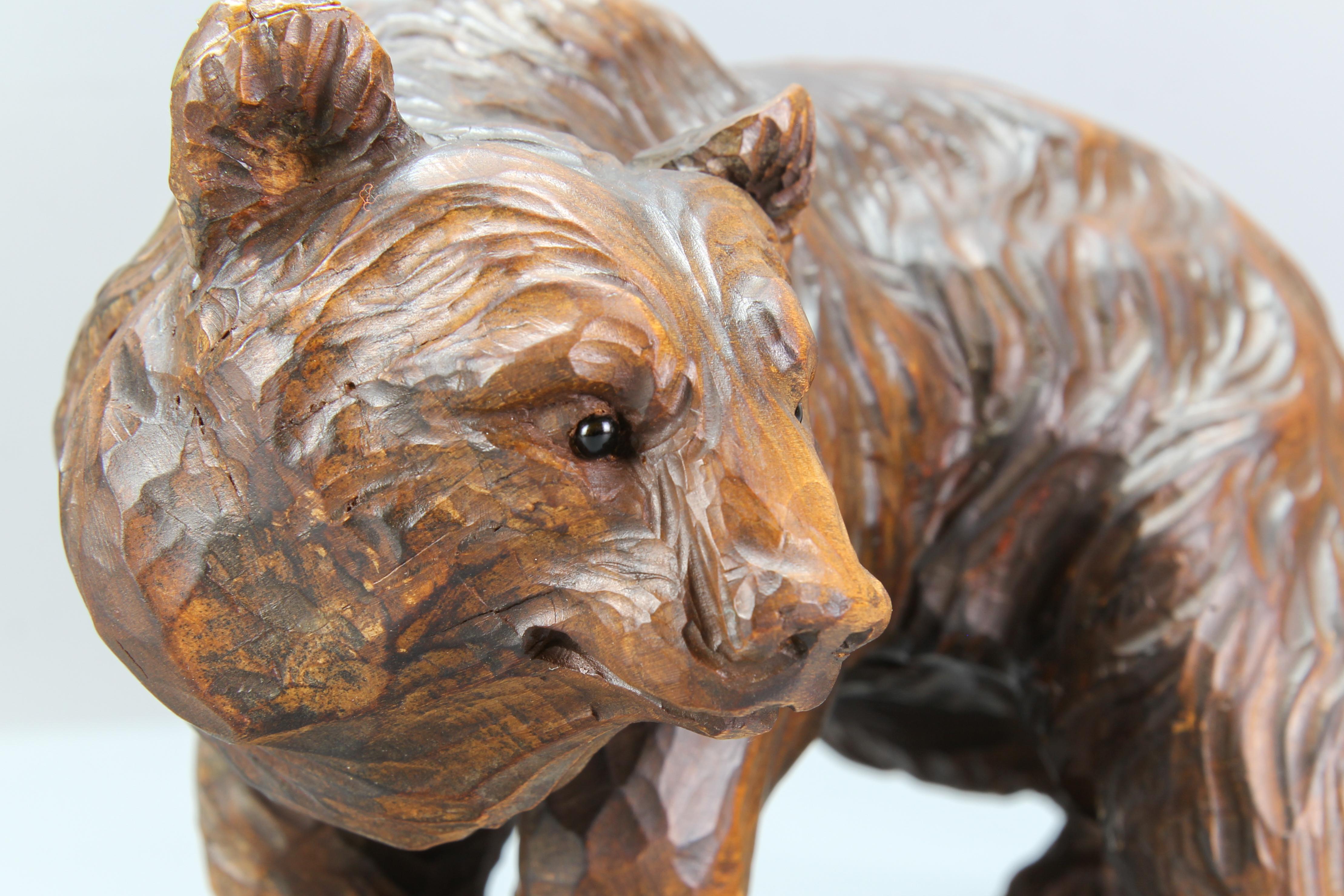 Wood Hand Carved Bear Figure with Glass Eyes, Germany, circa 1930s For Sale