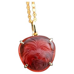 Hand Carved Bichon Dog Fire Opal Pendant Necklace 18K Yellow Gold