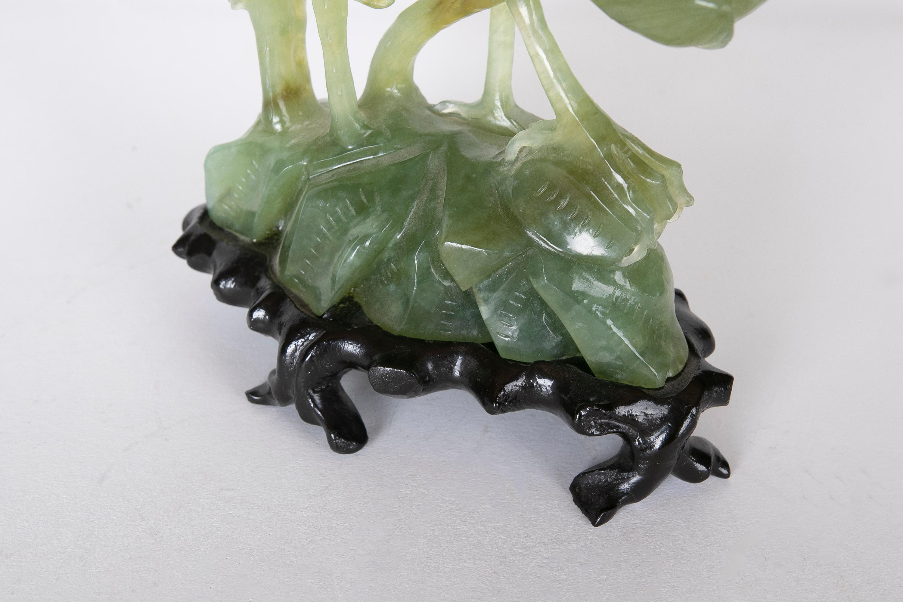Hand-Carved Bird Jadeite Sculpture with Flowers and Wooden Base For Sale 5