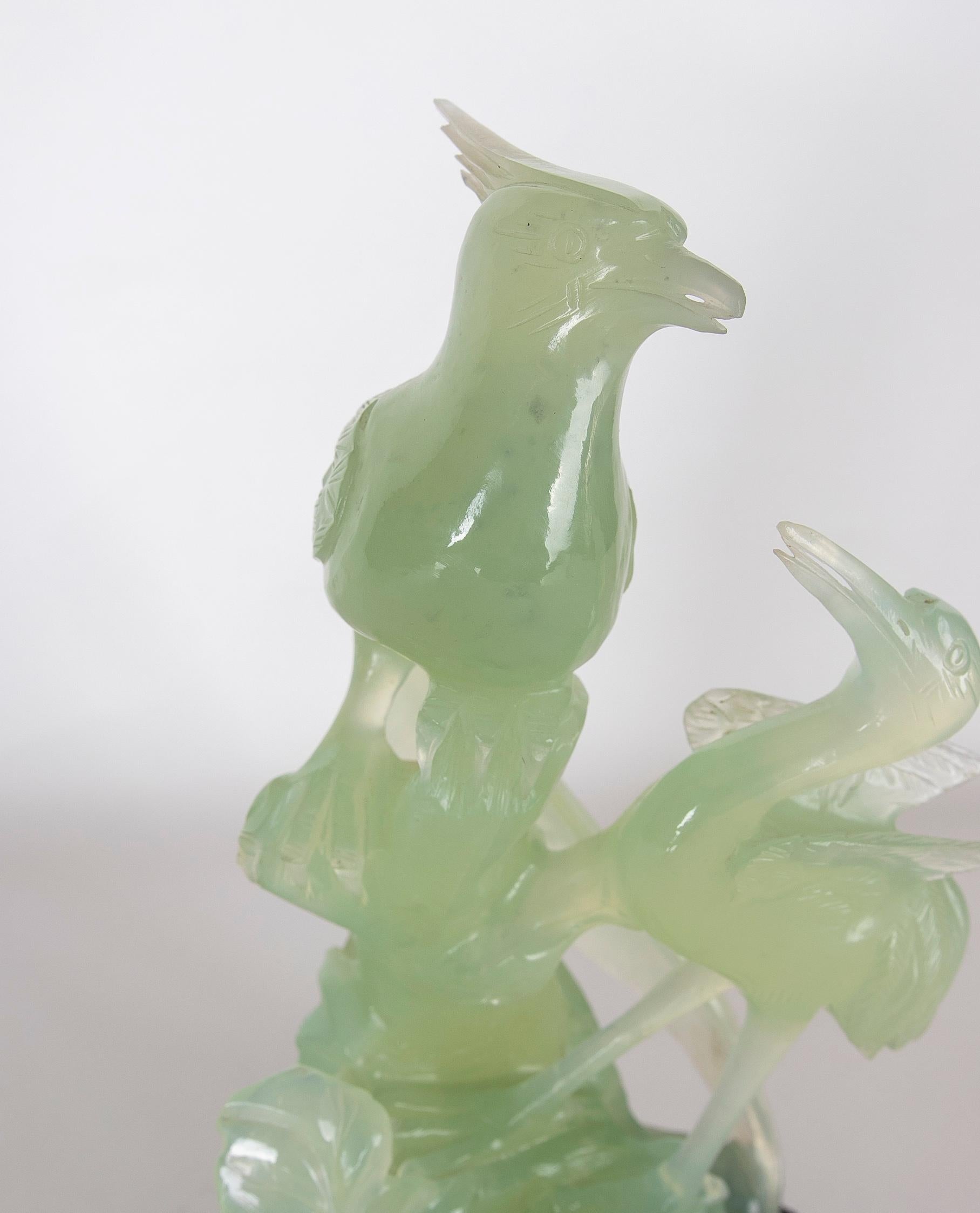 Hand-Carved Bird Jadeite Sculpture with Flowers and Wooden Base For Sale 5