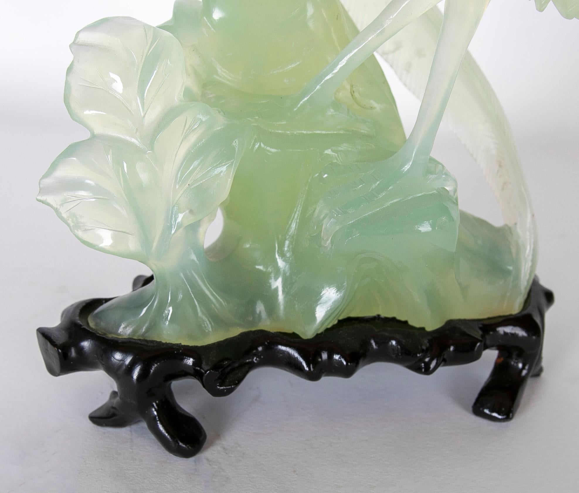Hand-Carved Bird Jadeite Sculpture with Flowers and Wooden Base For Sale 6
