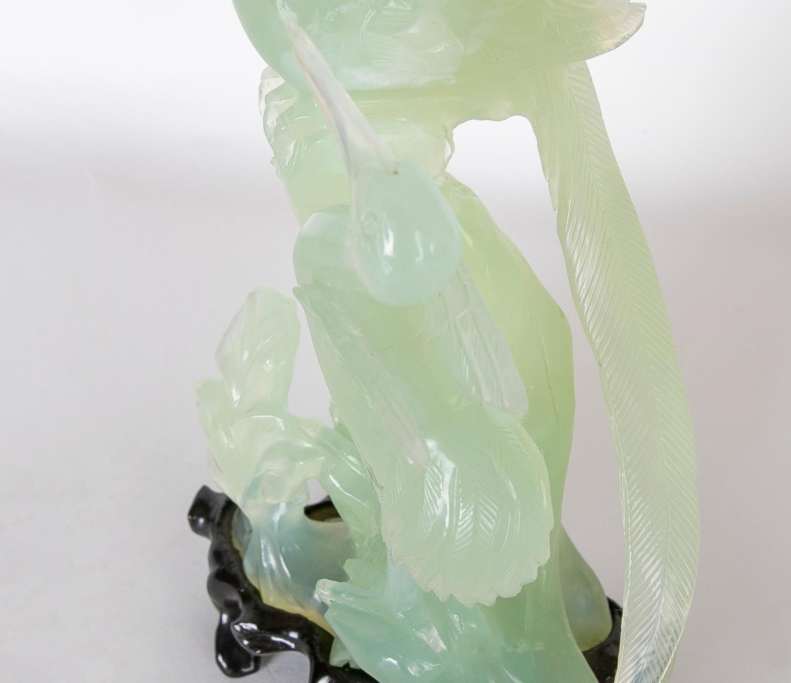 Hand-Carved Bird Jadeite Sculpture with Flowers and Wooden Base For Sale 9