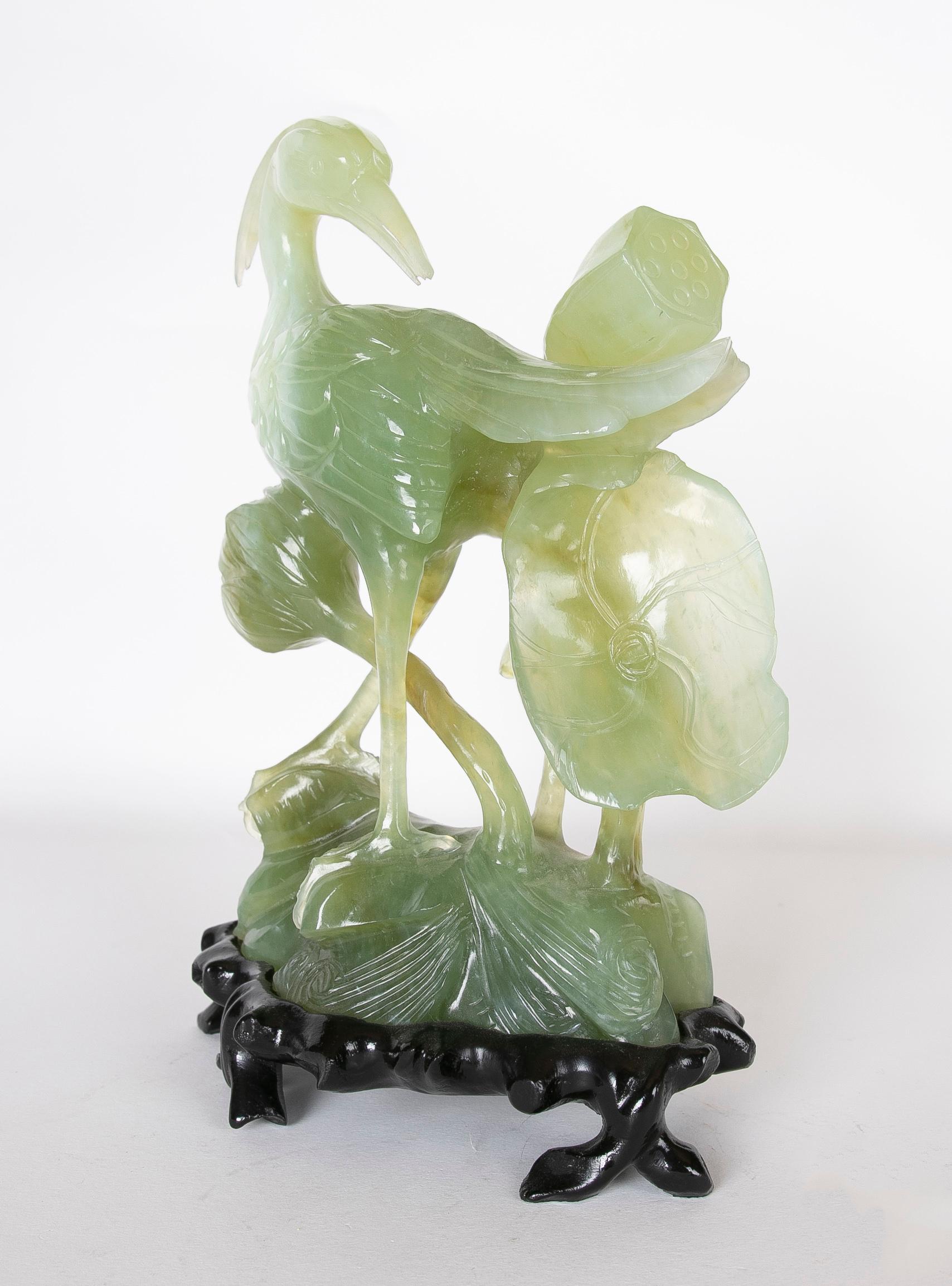 Asian Hand-Carved Bird Jadeite Sculpture with Flowers and Wooden Base For Sale