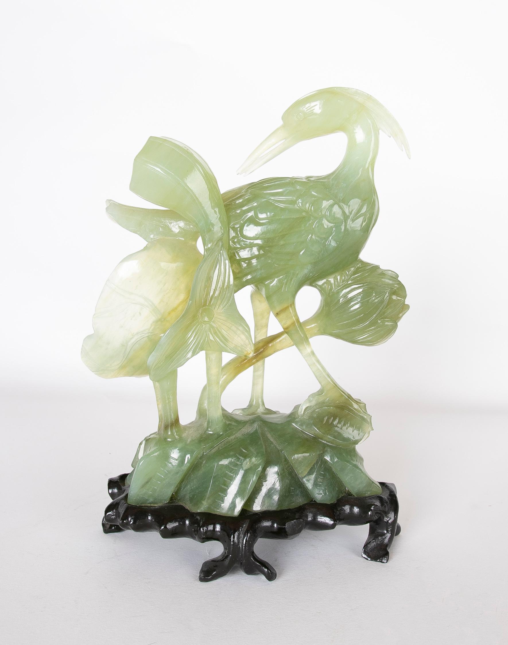 Stone Hand-Carved Bird Jadeite Sculpture with Flowers and Wooden Base For Sale