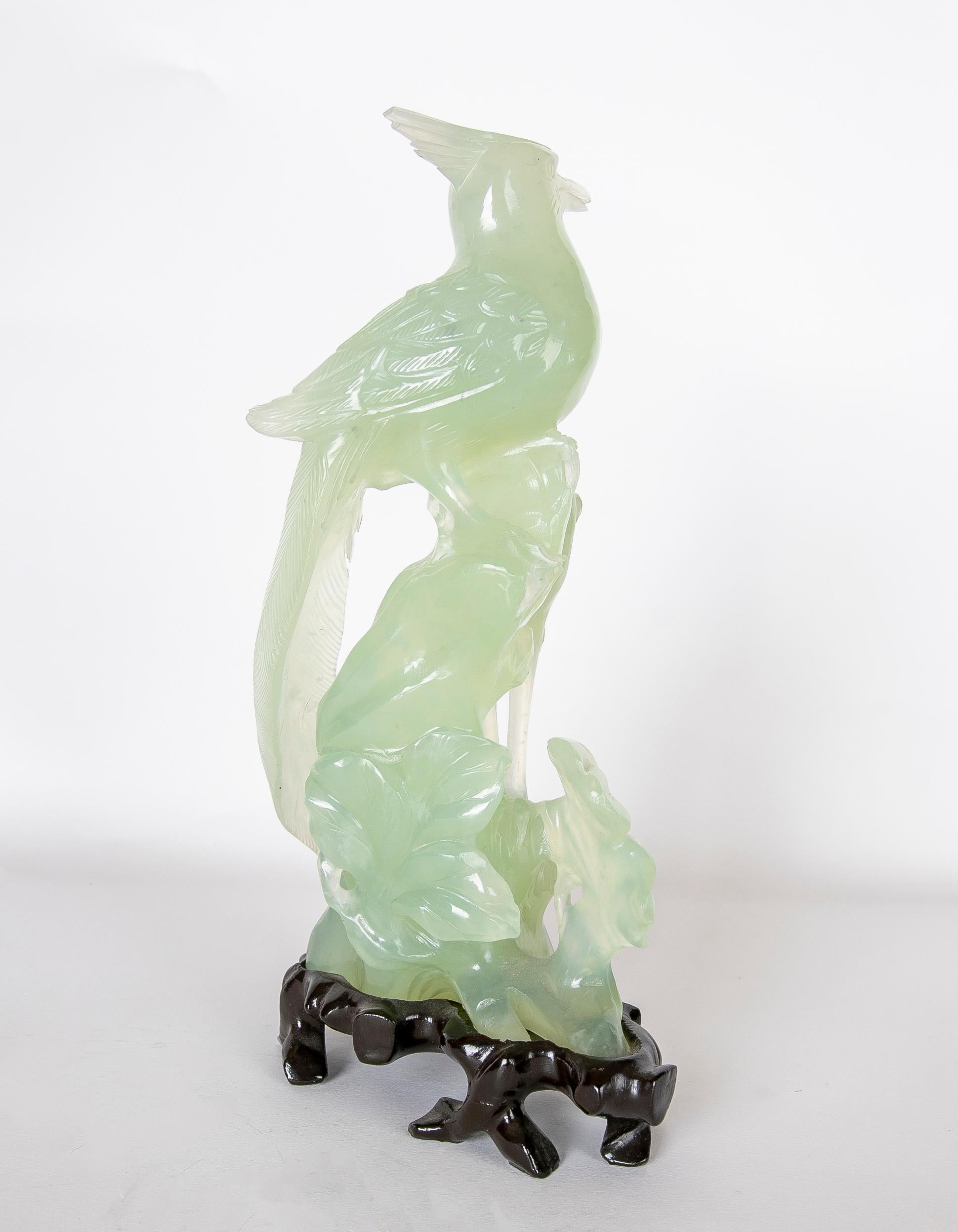 Stone Hand-Carved Bird Jadeite Sculpture with Flowers and Wooden Base For Sale