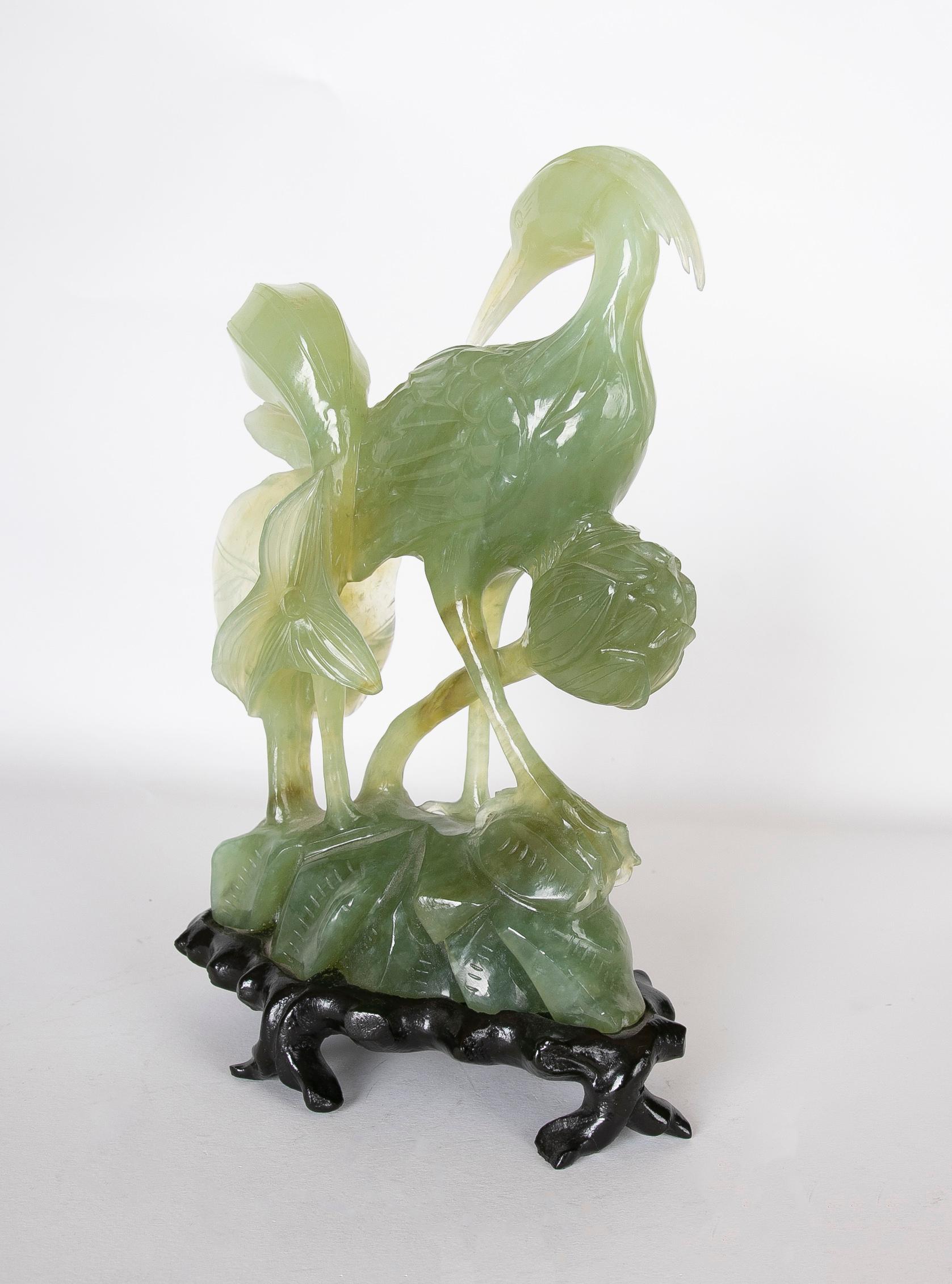 Hand-Carved Bird Jadeite Sculpture with Flowers and Wooden Base For Sale 1