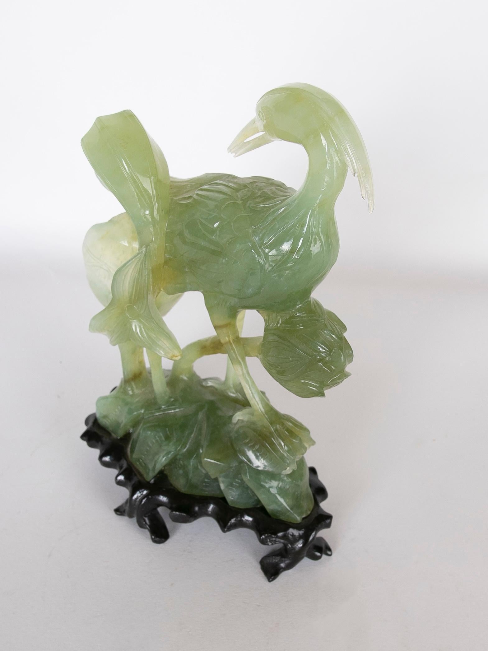 Hand-Carved Bird Jadeite Sculpture with Flowers and Wooden Base For Sale 2