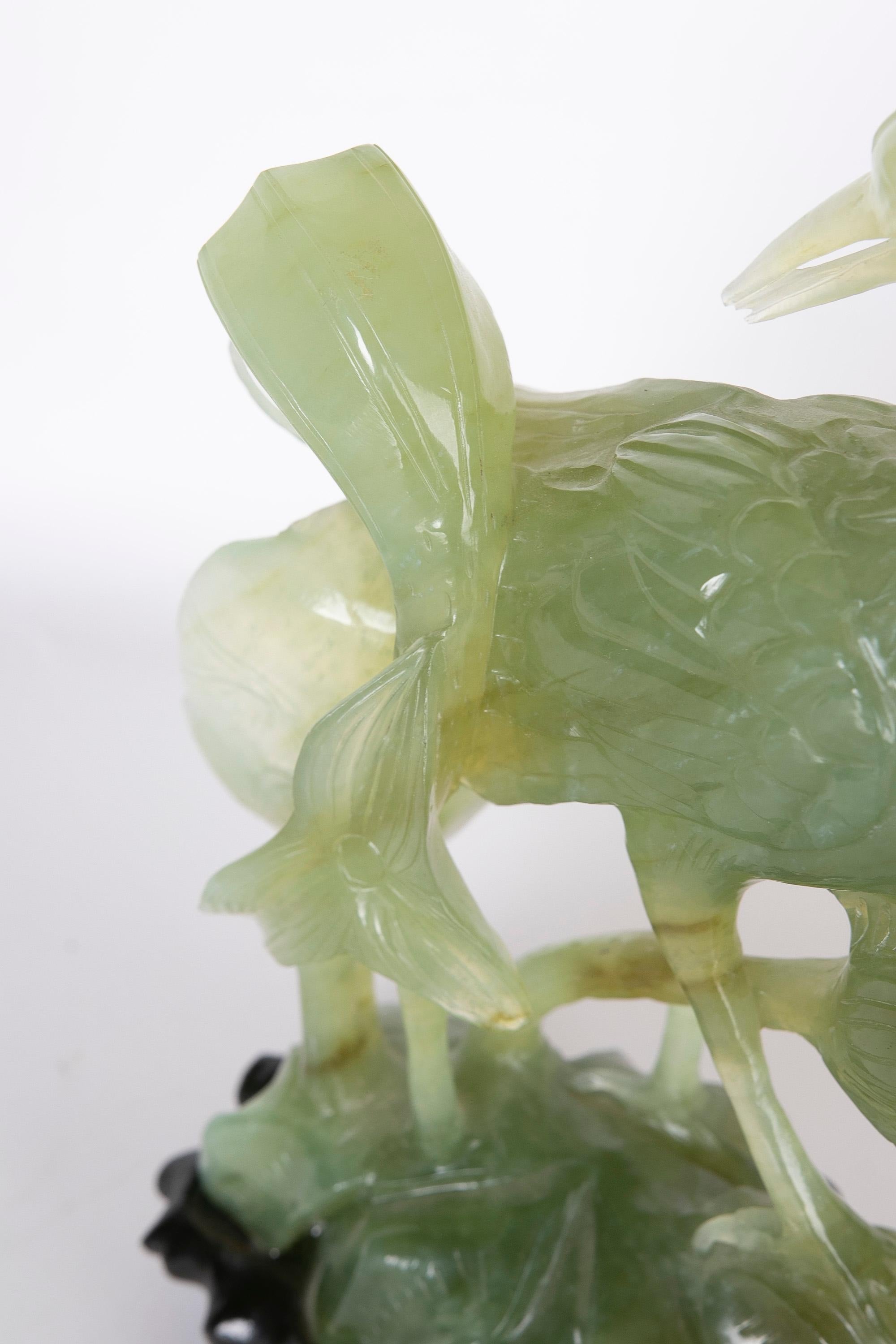 Hand-Carved Bird Jadeite Sculpture with Flowers and Wooden Base For Sale 3