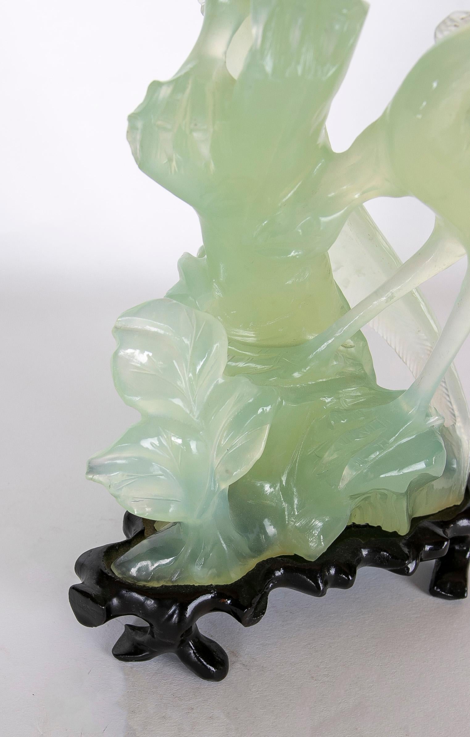 Hand-Carved Bird Jadeite Sculpture with Flowers and Wooden Base For Sale 4