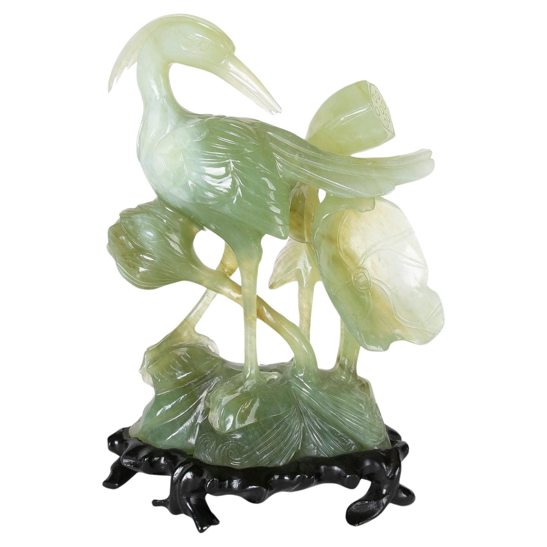 Hand-Carved Bird Jadeite Sculpture with Flowers and Wooden Base For Sale