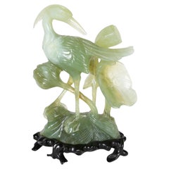 Vintage Hand-Carved Bird Jadeite Sculpture with Flowers and Wooden Base