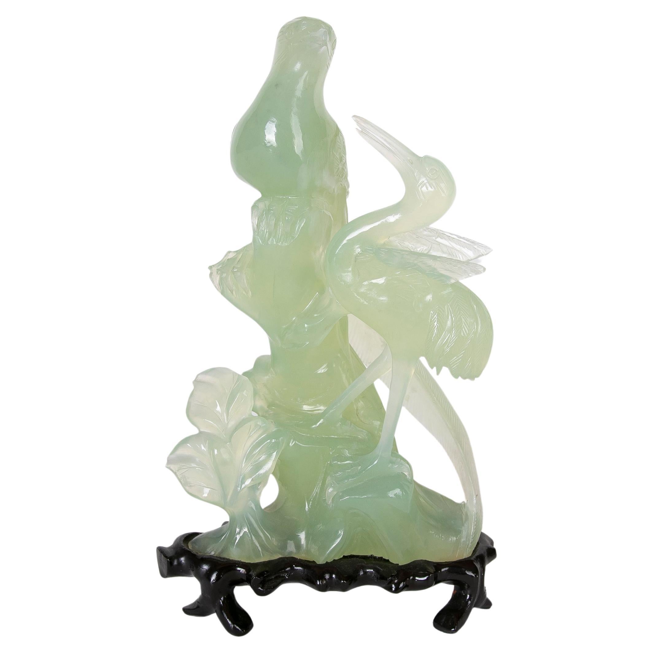 Hand-Carved Bird Jadeite Sculpture with Flowers and Wooden Base