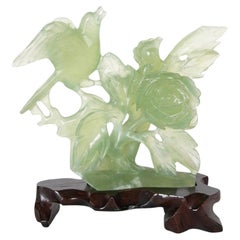 Vintage Hand-Carved Bird Jadeite Sculpture with Flowers and Wooden Base