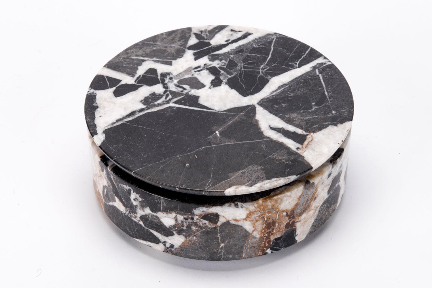 Modern Hand Carved Black, Cream and Tan Marble Round Box, Gilles Caffier