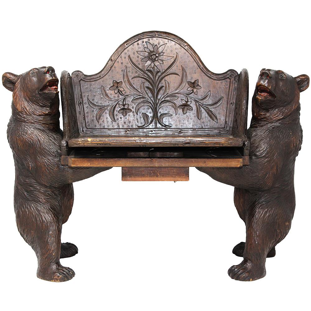 Carved Swiss Black Forest Bear Musical Child Chair Seat For Sale