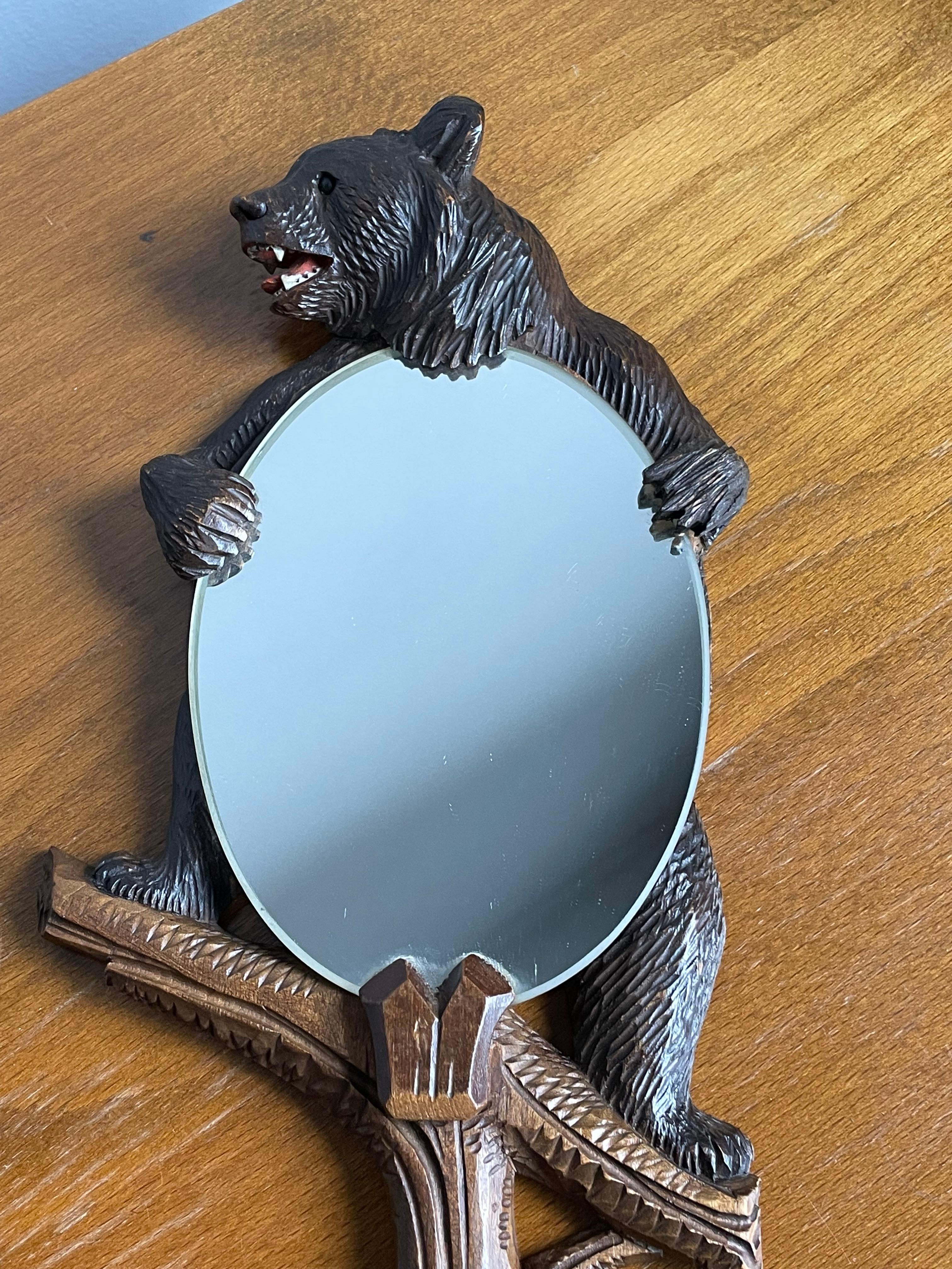 Hand Carved Black Forest Bear Sculpture Hand or Vanity Mirror with Beveled Edge For Sale 2