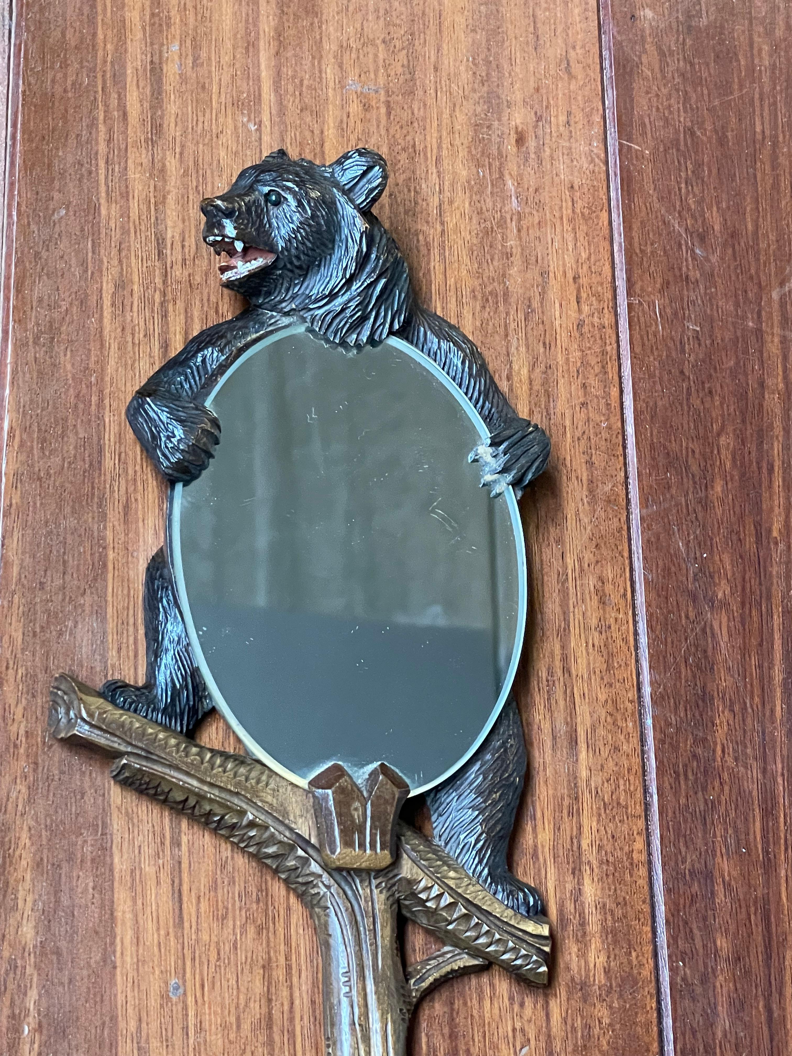 Hand Carved Black Forest Bear Sculpture Hand or Vanity Mirror with Beveled Edge For Sale 3
