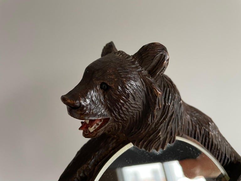 Hand Carved Black Forest Bear Sculpture Hand or Vanity Mirror with Beveled Edge For Sale 9