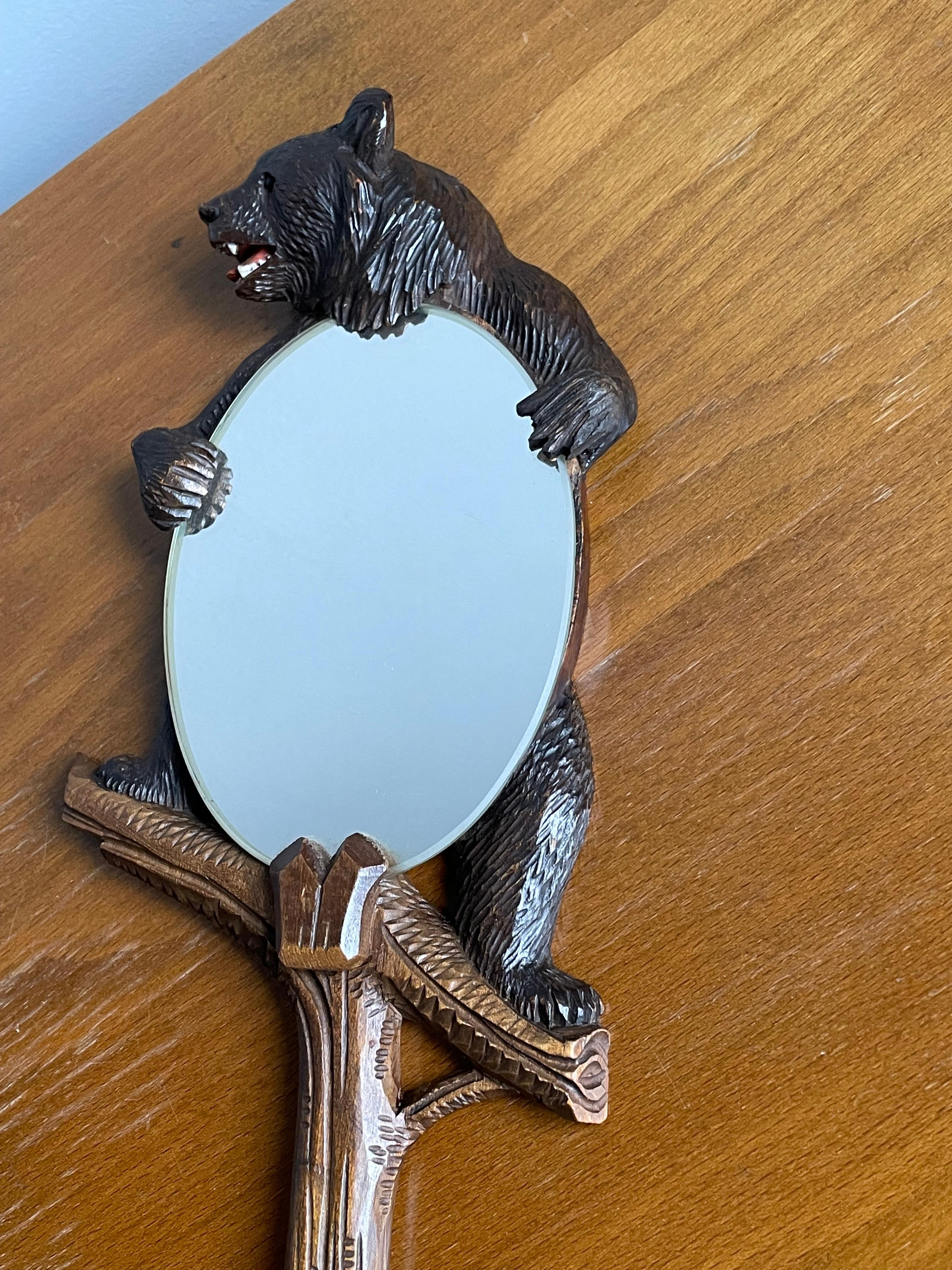 Hand Carved Black Forest Bear Sculpture Hand or Vanity Mirror with Beveled Edge For Sale 7