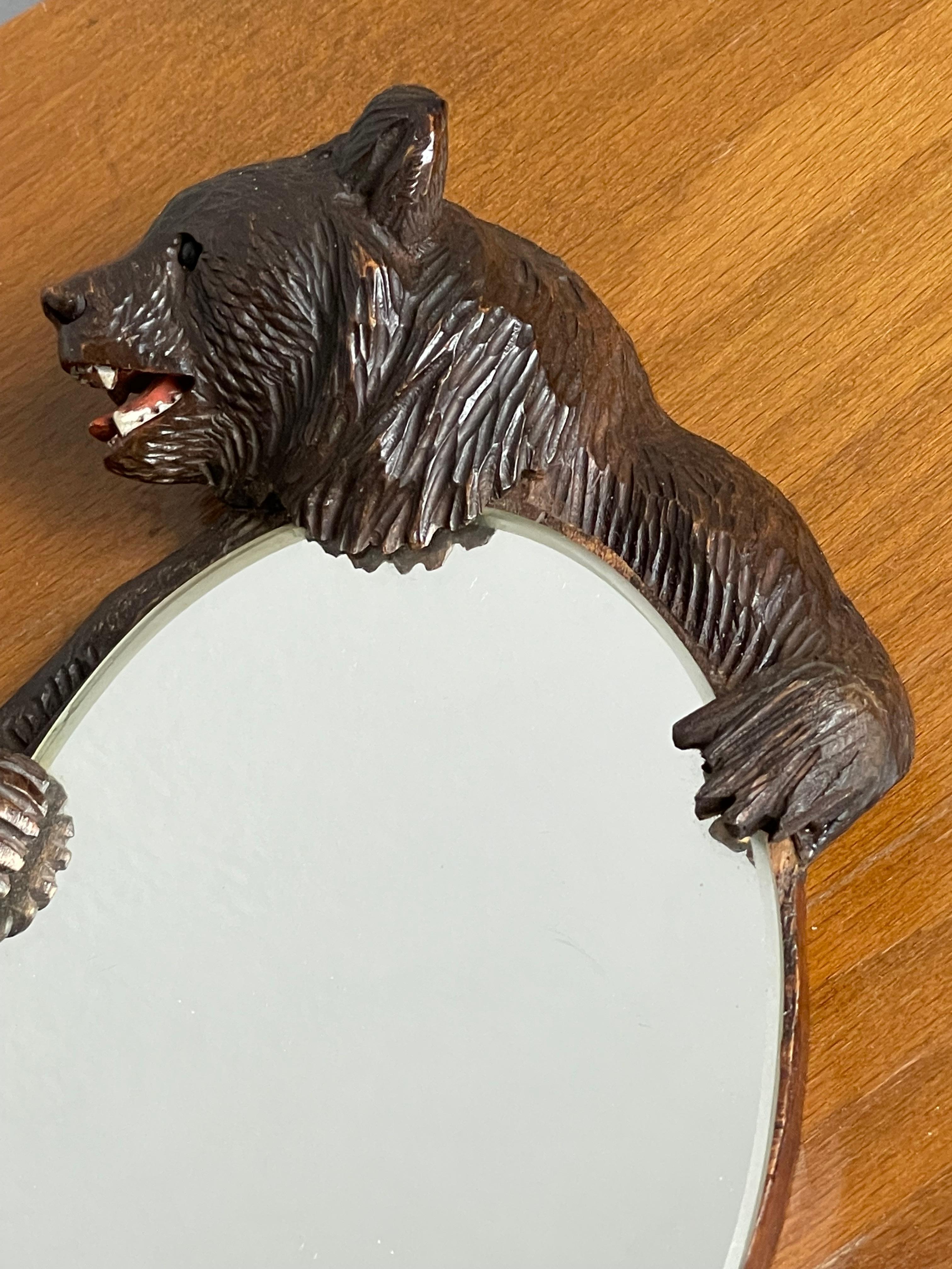 Hand Carved Black Forest Bear Sculpture Hand or Vanity Mirror with Beveled Edge For Sale 8